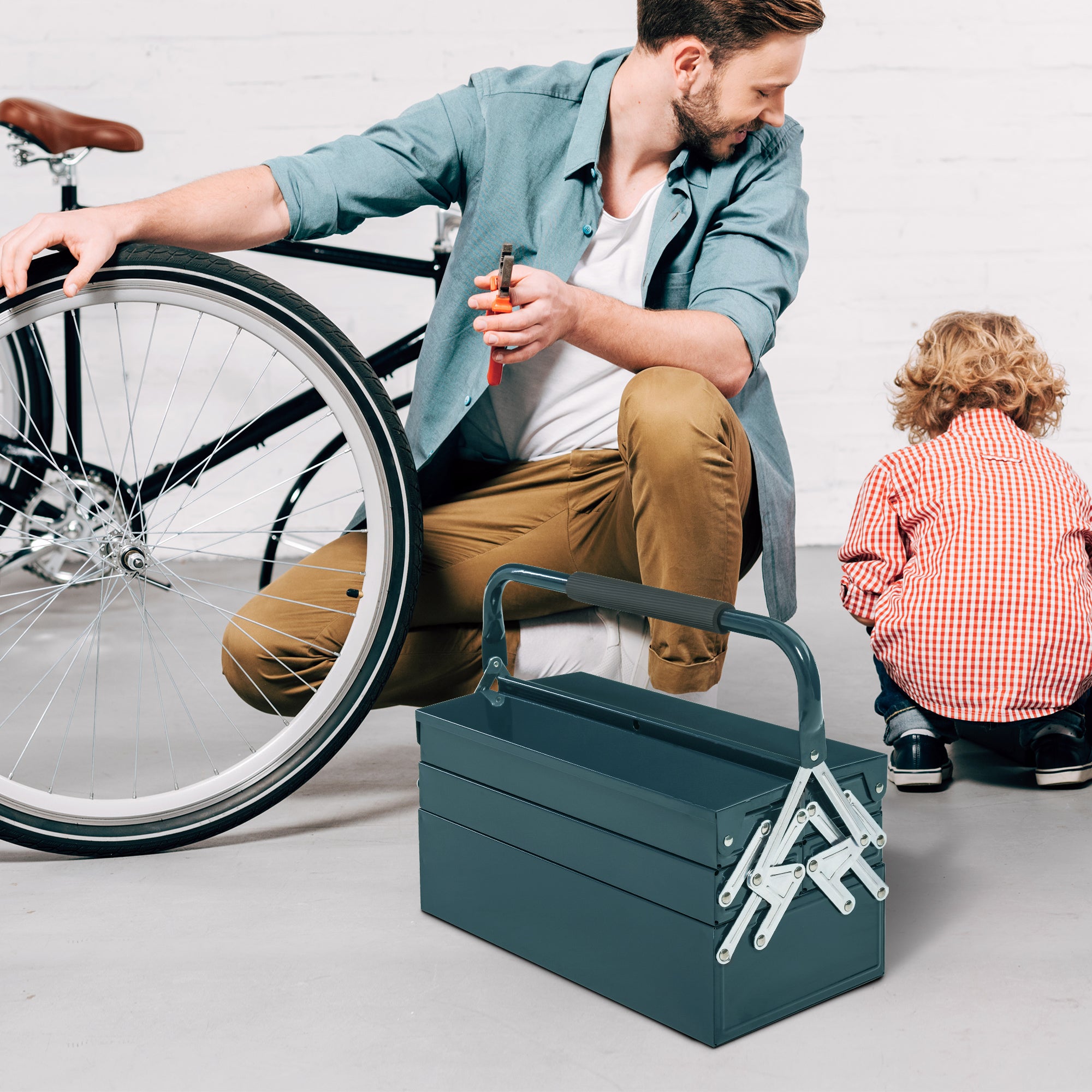 DURHAND Werkzeugkasten Werkzeugkoffer Montage Werkzeugkiste leer platzsparend mit 5 Fächer aufklappbar stabil Stahl (SPCC) Dunkelgrün 45 x 20 x 34,5 cm