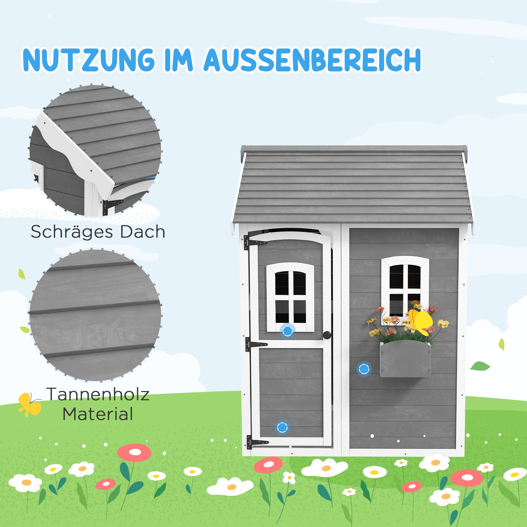 Outsunny Spielhaus für Kinder, Indoor- und Outdoor-Haus mit Tür, Fenstern und Pflanzkasten, Tannenholz, Grau