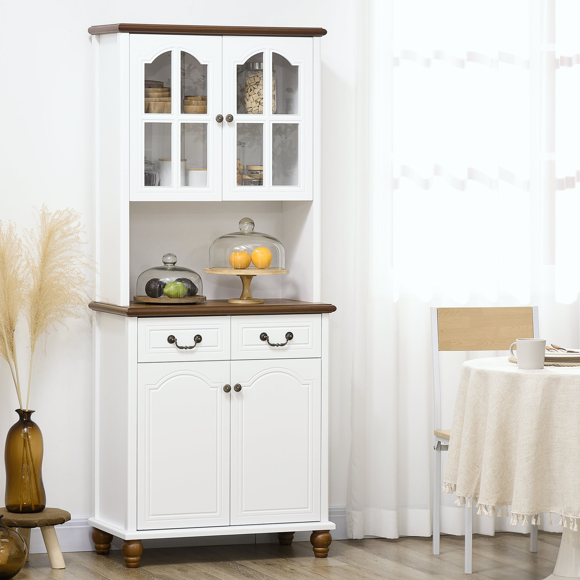 HOMCOM Küchenschrank, Buffet, 2 Schubladen, 2 Schrankfächer, klassisches Design, Weiß+Dunkelbraun, 76 x 38 x 182 cm