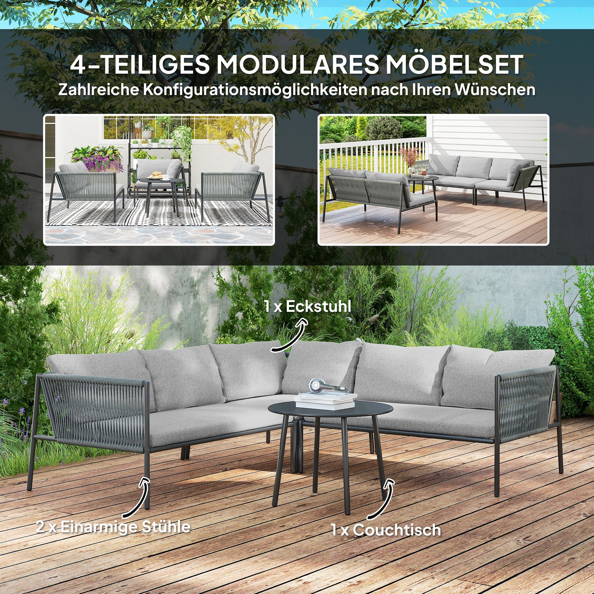 Outsunny Gartenmöbel Set Polyrattan Lounge-Set mit Ecksofa Tisch Kissen für 6 Personen Dunkelgrau