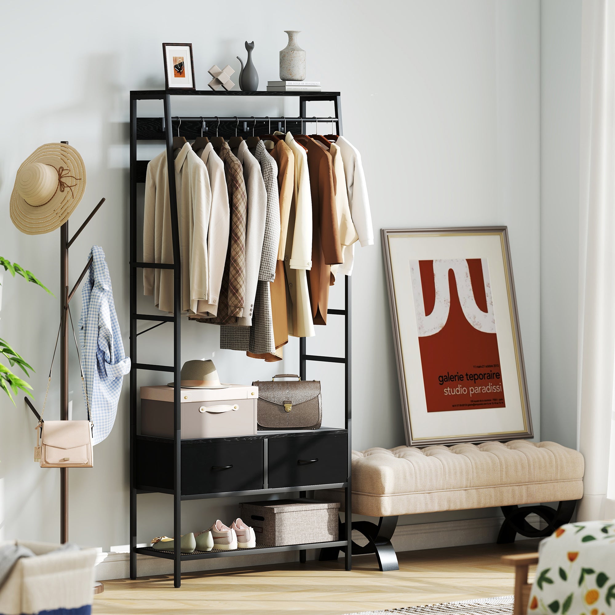 HOMCOM Garderobenständer mit Schuhregal, Kleiderständer im Industrie-Design, 2 Stoffschubladen, 8 Haken, Metallrahmen, Schwarz
