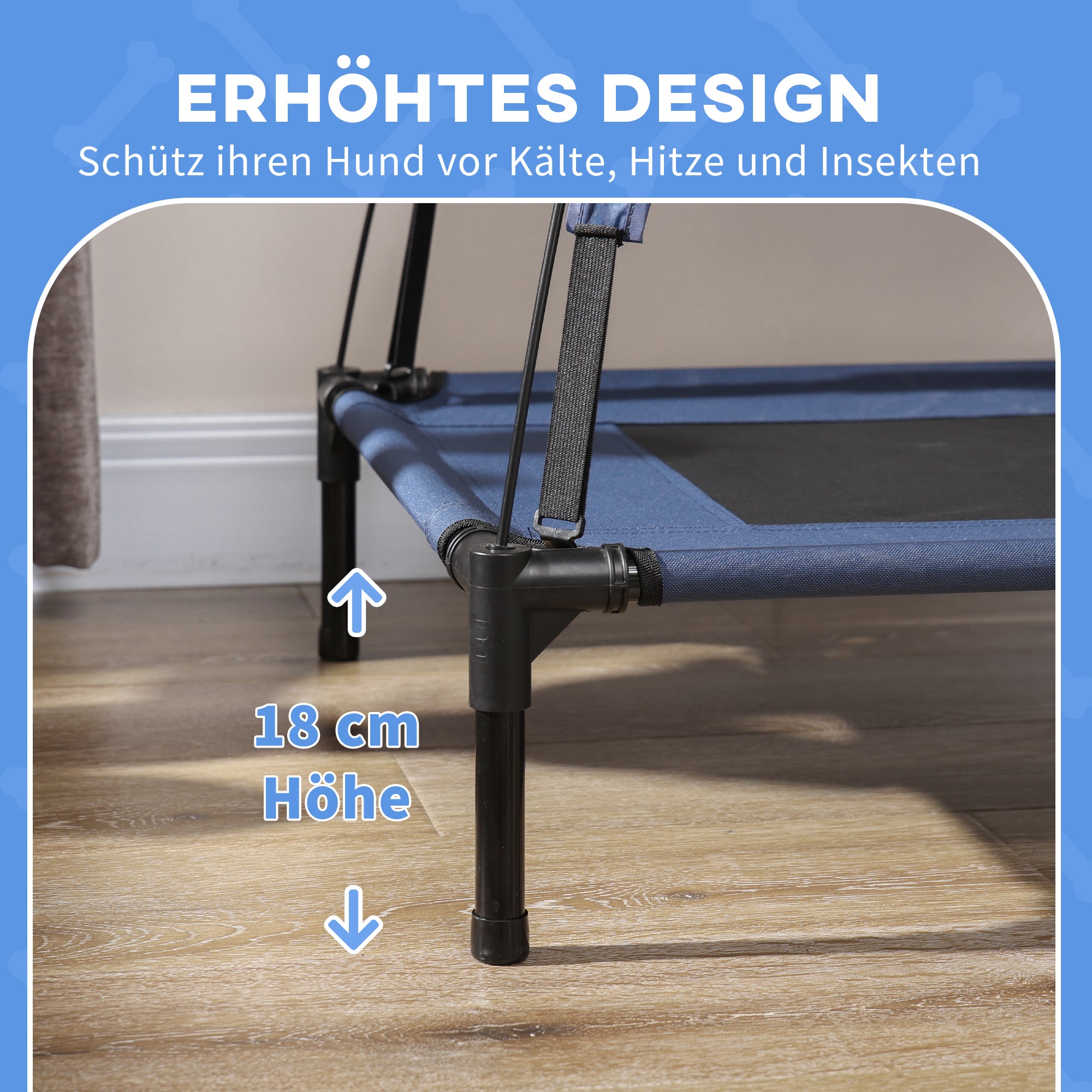 PawHut Outdoor-Hundeschlafplatz Wetterfestes Hundebett, mit Baldachin, klappbar, 122 x 92 x 108 cm, Blau + Schwarz