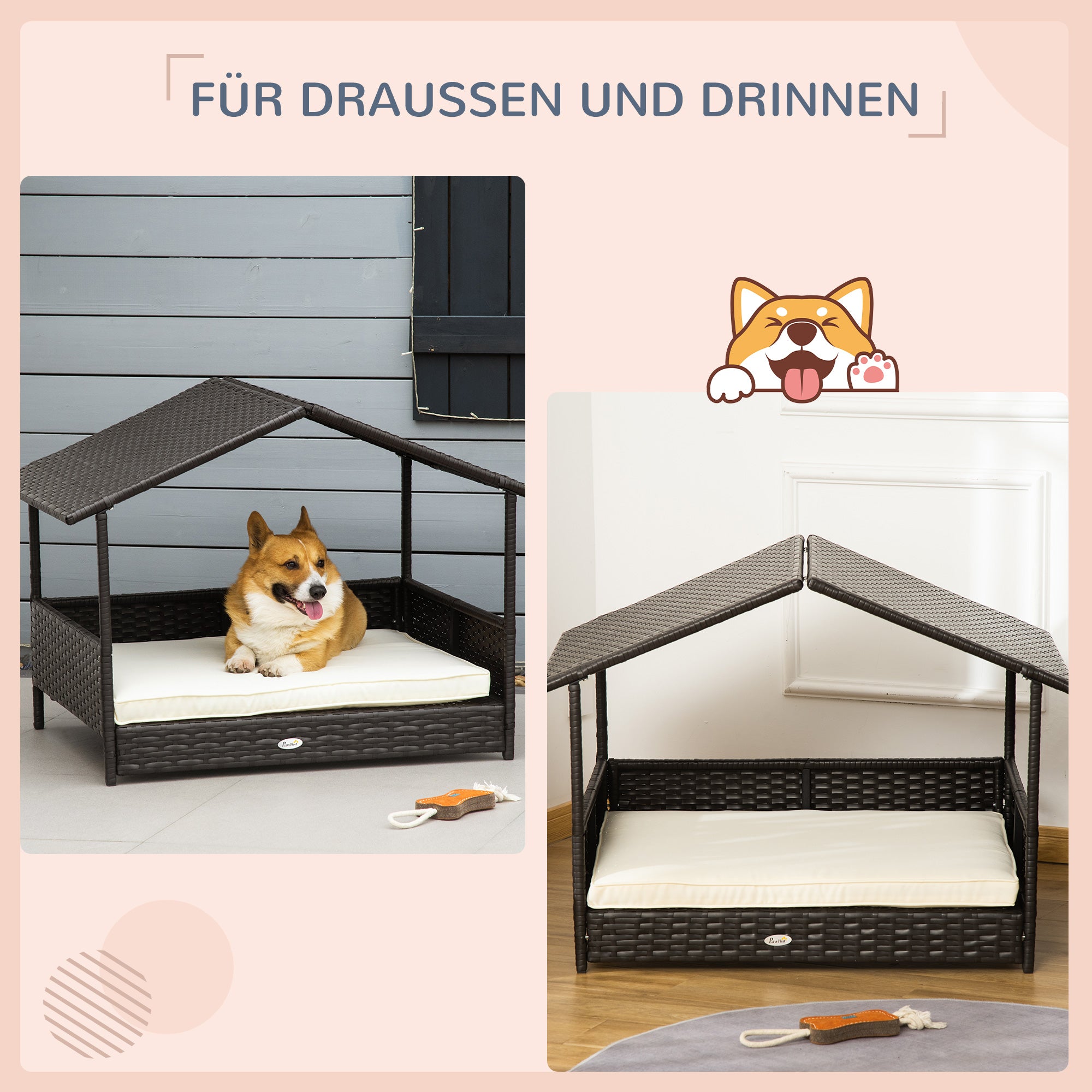 PawHut Rattan Hundeliege Outdoor mit Dach, Erhöhtes Hundebett für kleine und mittelgroße Hunde, Kühlendes Haustierliege mit Metallrahmen, Haustierbett für Draußen, 69 x 98 x 70 cm, Kaffee-Braun