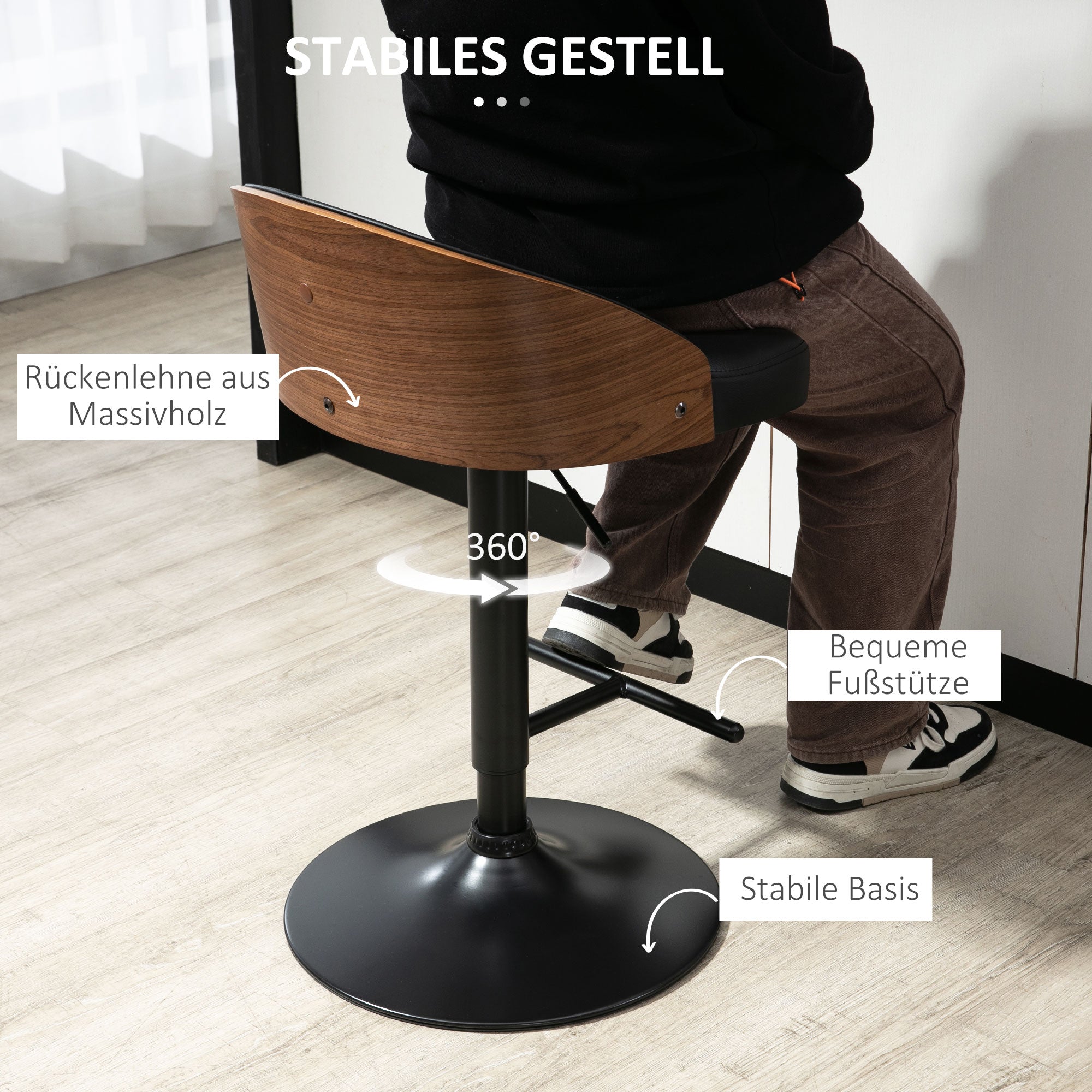 HOMCOM Barhocker 2er Set, Gepolstert Barstuhl aus Stahl und Massivholz, Höhenverstellbar Küchenstühle mit Fußstütze, 360° Drehbar, Tresenhocker für Küche, Wohnzimmer, Esszimmer, Schwarz+Kaffee