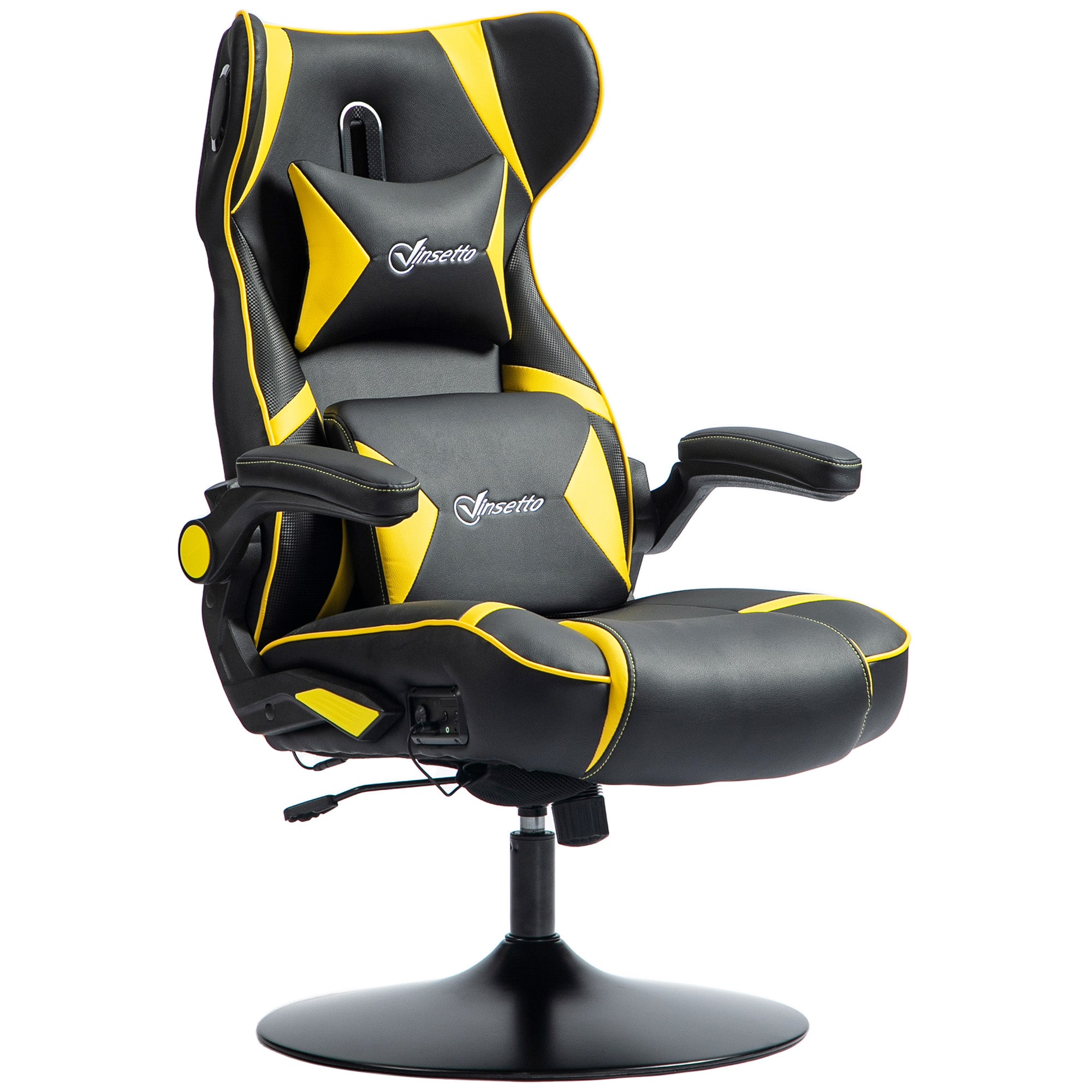 Vinsetto Gaming Stuhl mit Schaukelfunktion und Lautsprecher, Lenden- und Nackenstütze, für Spielzimmer, Kunstleder, Gelb+Schwarz