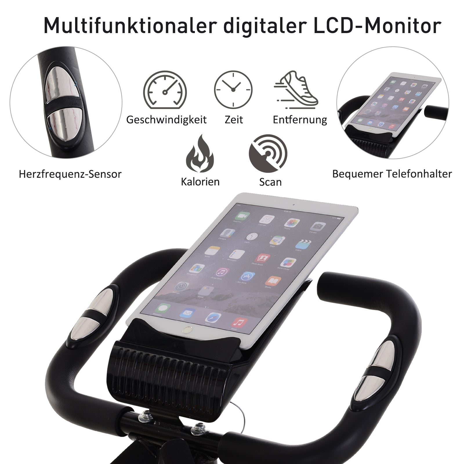 HOMCOM Heimtrainer X-Bike 2-in-1 Fahrradtrainer mit LCD-Display,Pulsmesser, klappbarer Hometrainer Trimmrad mit 8 stufig Magnetwiderstand, 1 Paar Spannseil, Stahl Schwarz 105x48x118 cm