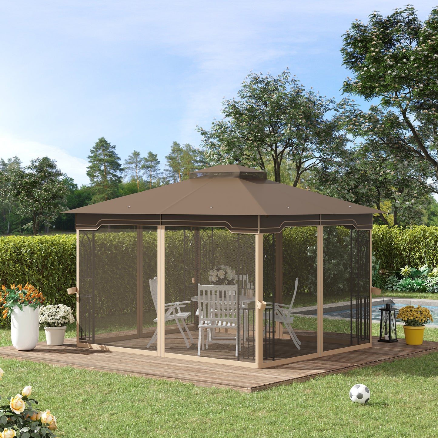 Outsunny Gartenpavillon 3,65 × 3 m mit Doppeldach & Moskitonetz – Braun/Beige