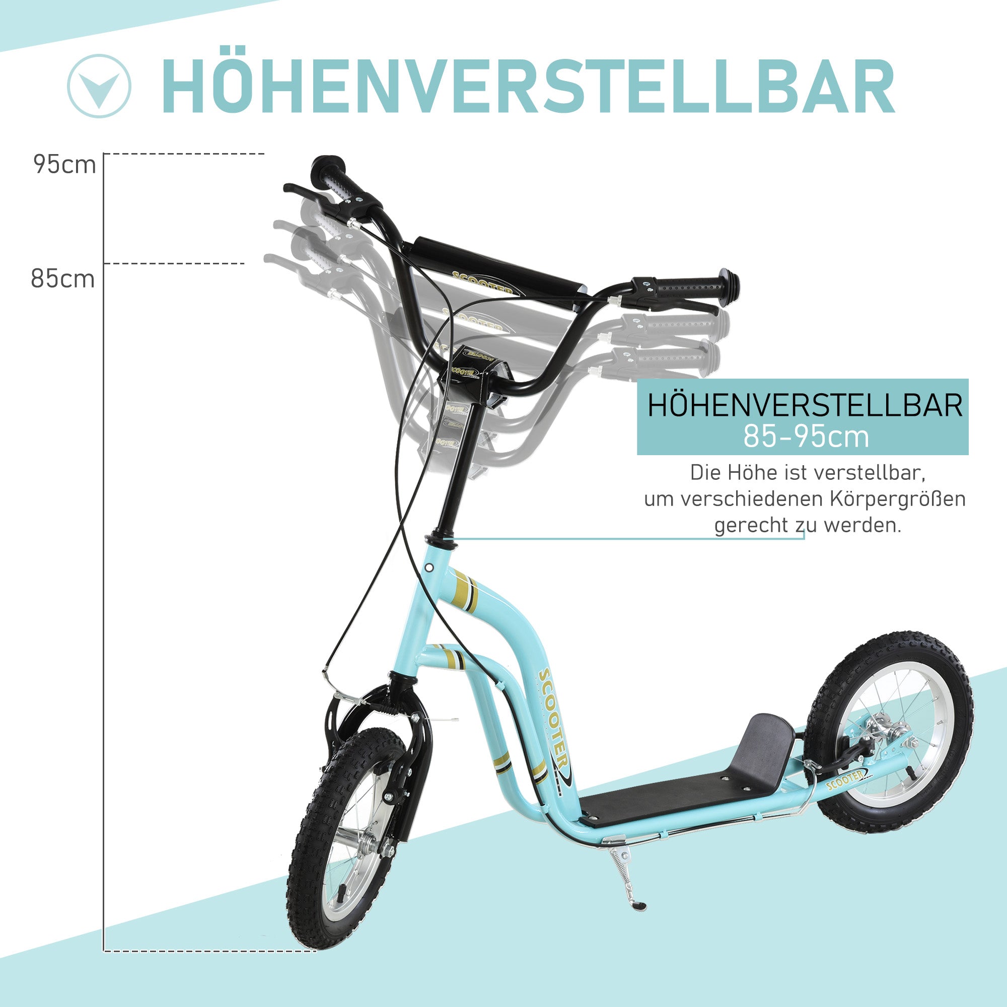 HOMCOM Kinderroller ab 5 Jahre, Tretroller, Cityroller für Kinder, Aluminium, 120 x 58 x 85-95 cm, Hellblau