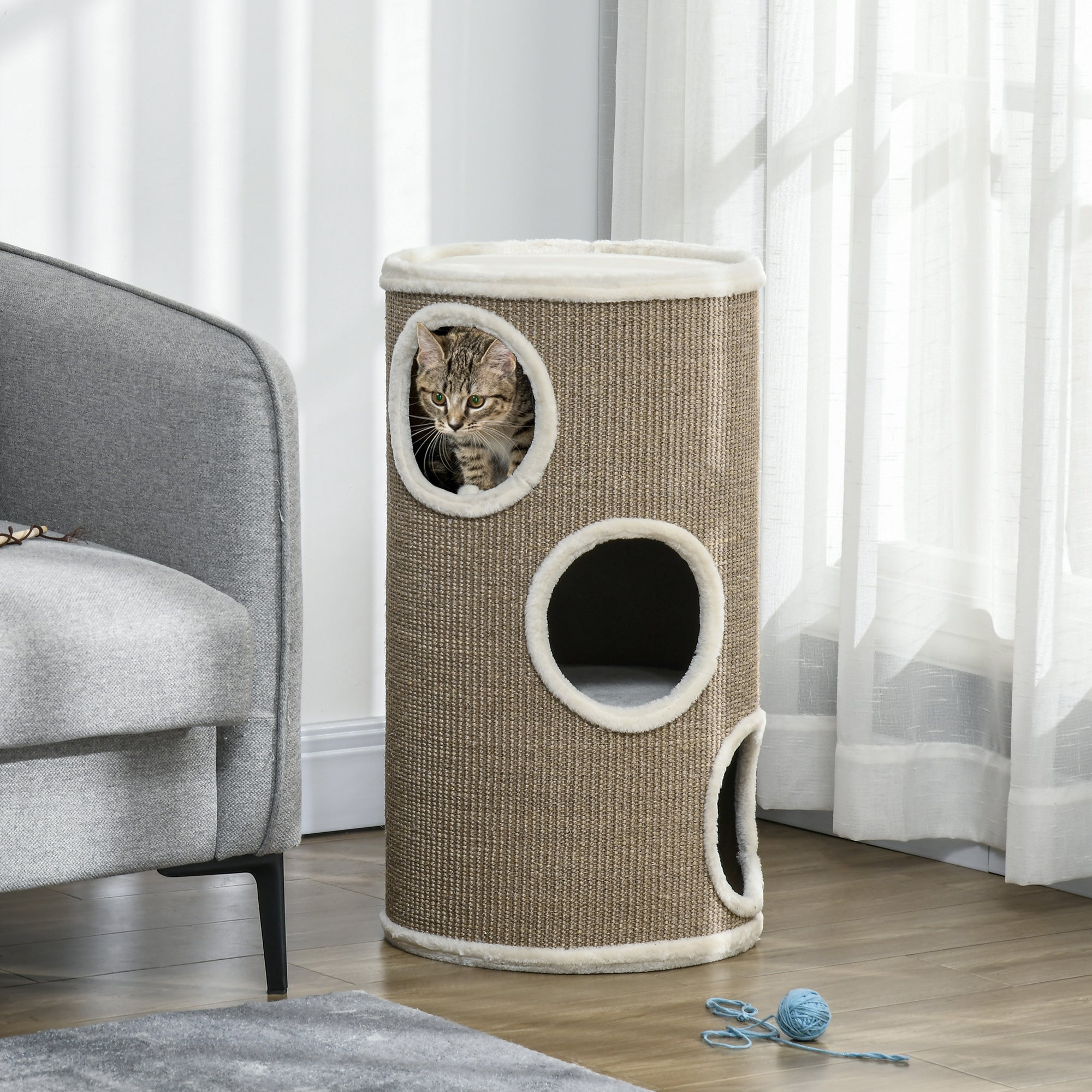 PawHut Katzen Kratztonne, weicher Plüsch, Sisal-Kratzteppich, robust, Ø38 x 70H cm, Braun