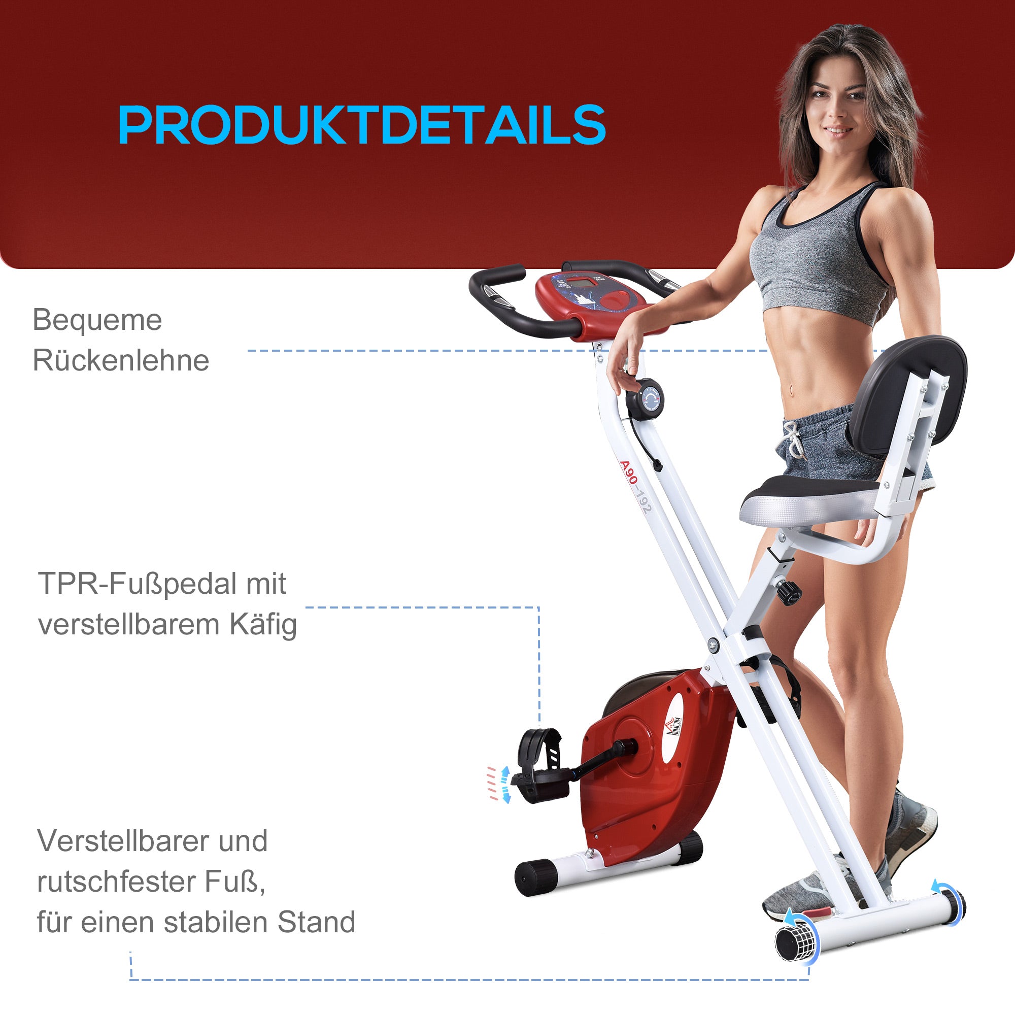 HOMCOM Heimtrainer mit Magnetwiderstand, 8-Stufen, höhenverstellbar, LCD-Display, Rot + Weiß