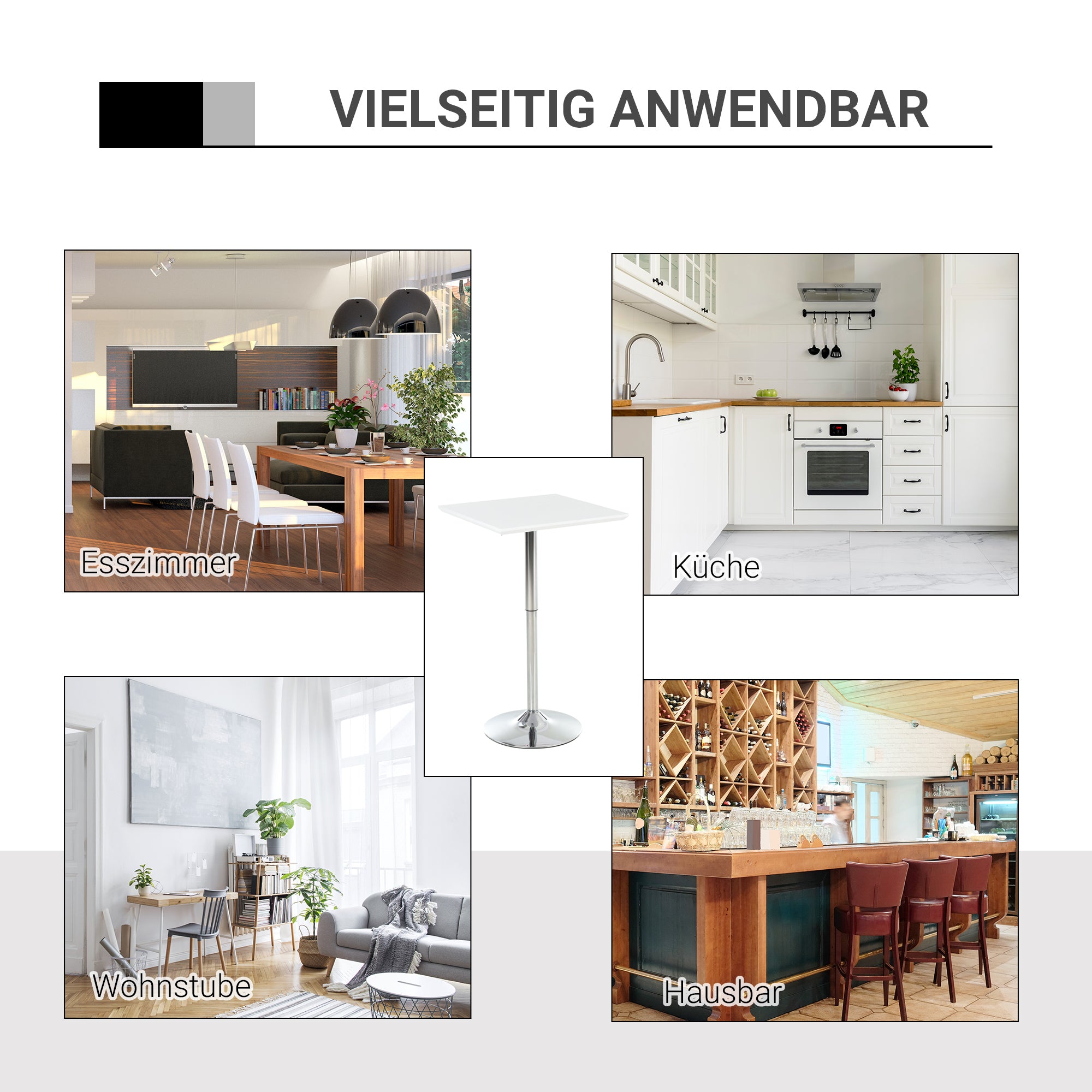 HOMCOM Bartisch Bistrotisch Pub Höhenverstellbarer Quadratischer Stehtisch Tisch Stahl Weiß 60 x 60 x 69-92 cm