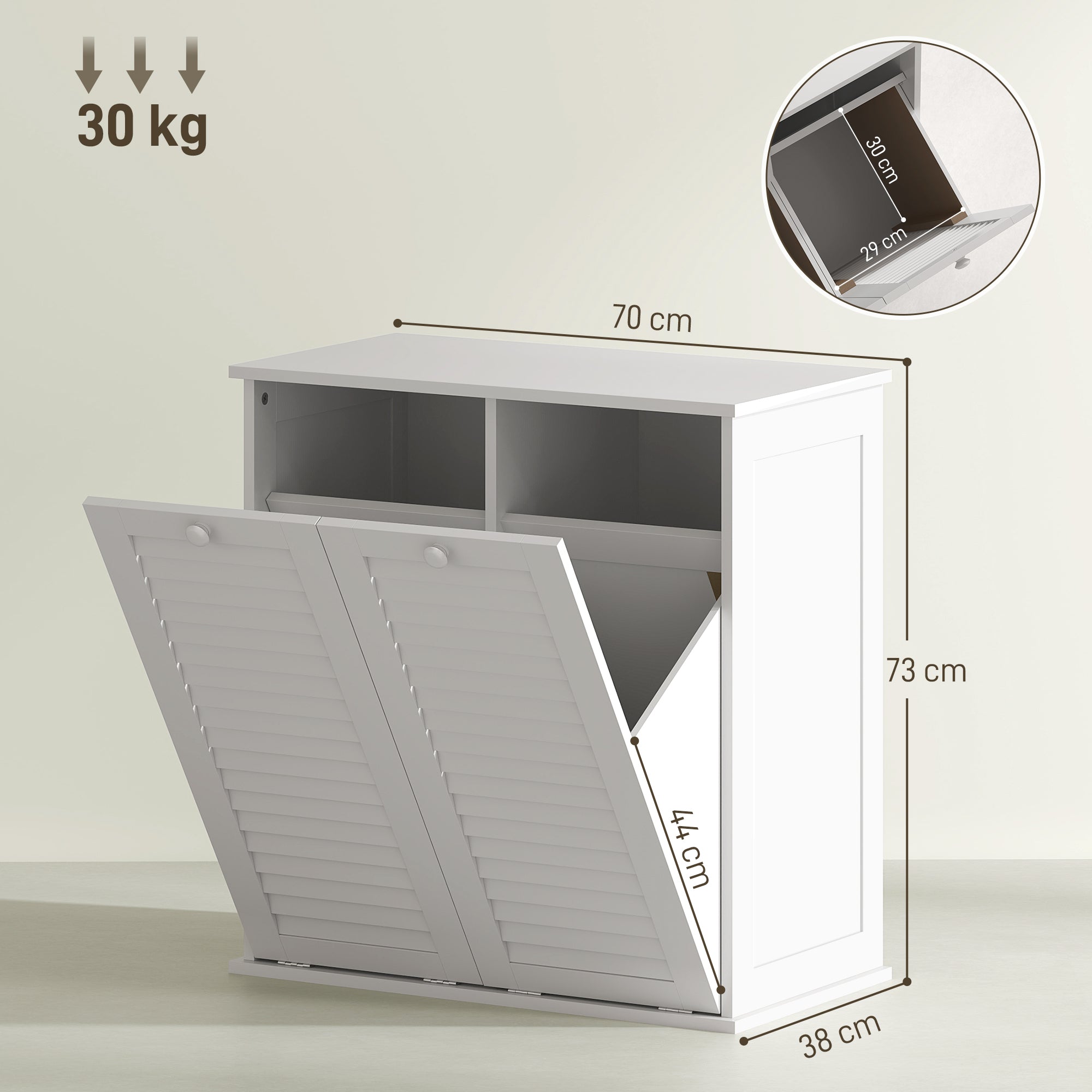 HOMCOM Wäscheschrank, 2 Kippbehälter für Wäsche, 2 Lamellentüren, 70 x 38 x 73 cm, Weiß