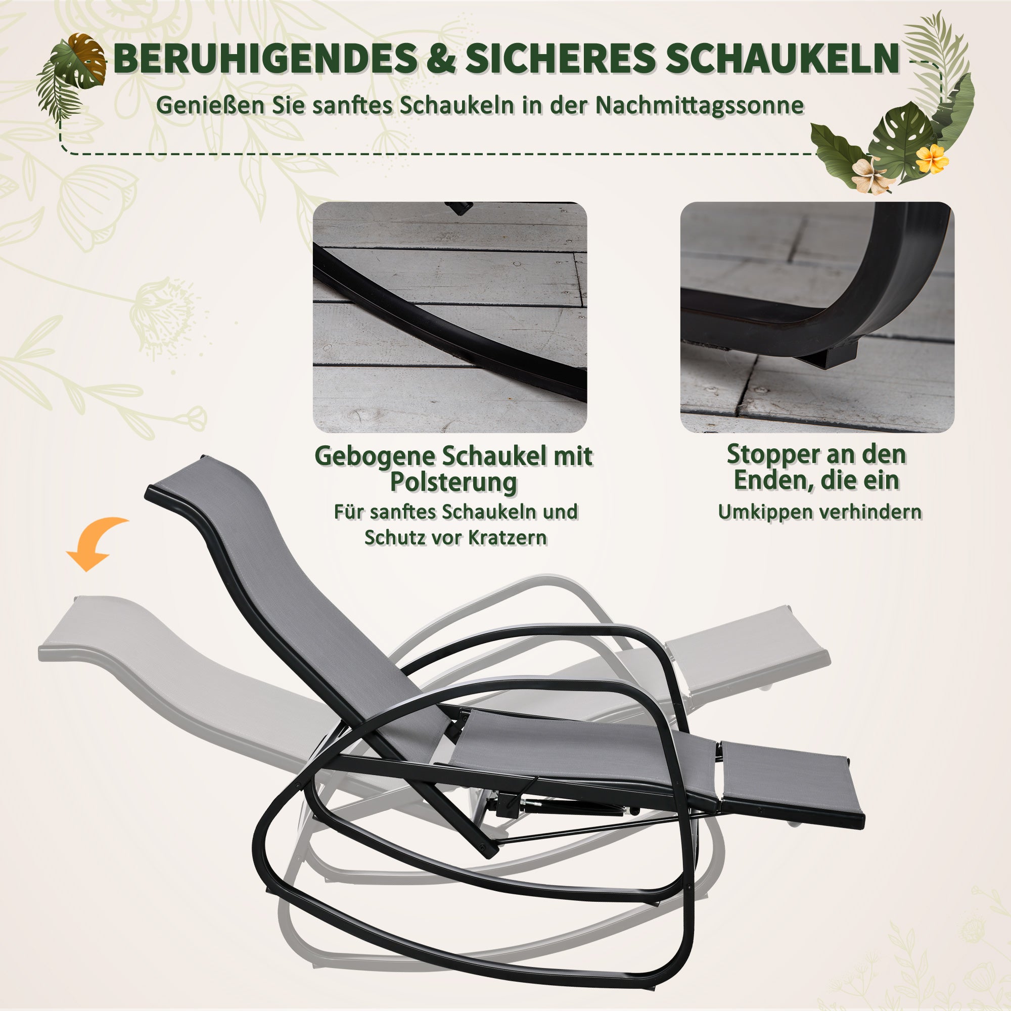 Outsunny Schaukelstuhl Schaukelliege mit Rückenlehne Fußstütze verstellbar Gartenliege Schwungliege bis 160 kg belastbar Texteline Grau 90 x 64 x 96,5 cm