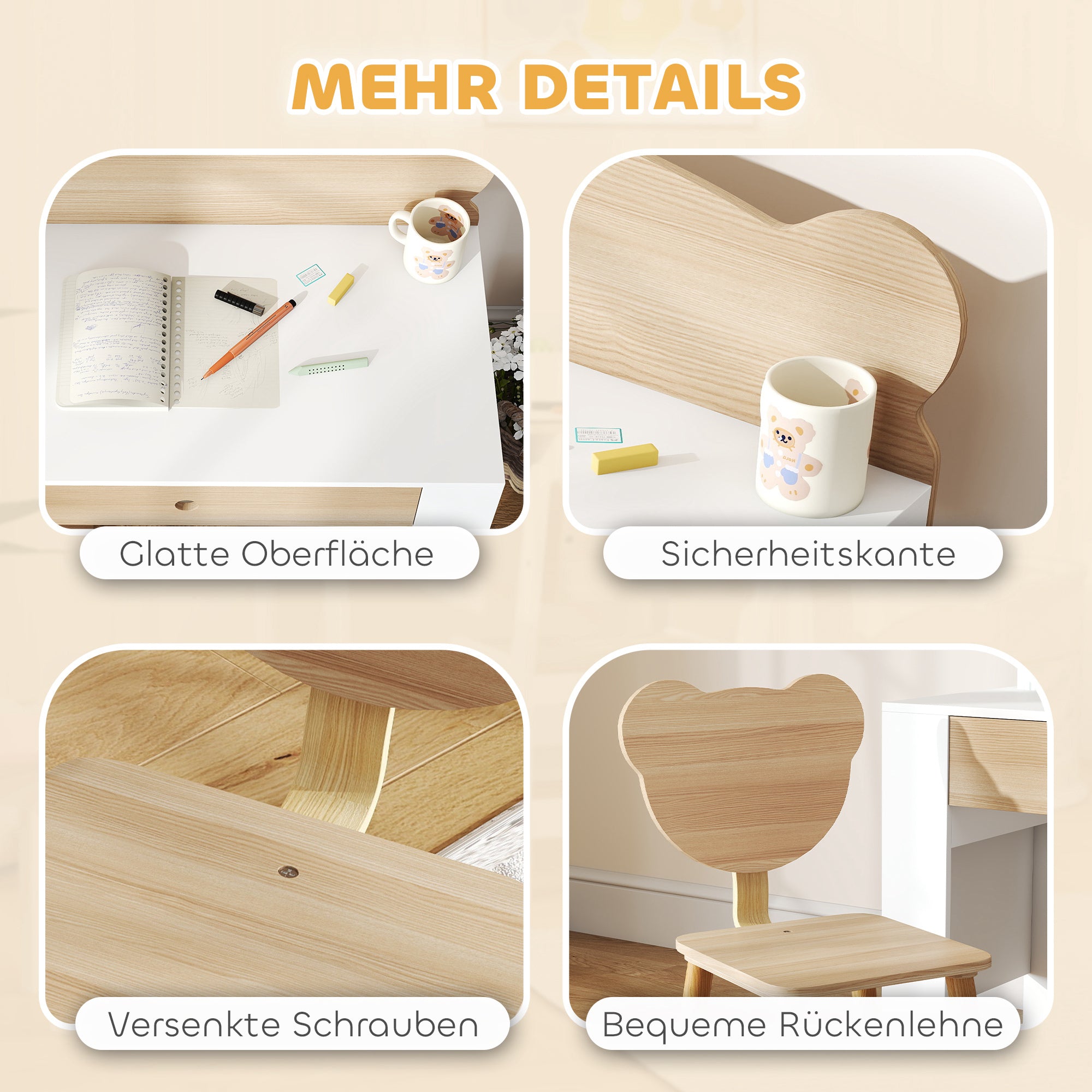 AIYAPLAY Schreibtisch-Set für Kinder, Arbeitstisch und Stuhl mit Bärenform, Schublade, zum Schreiben und Basteln, 3-8 Jahre, Naturholz