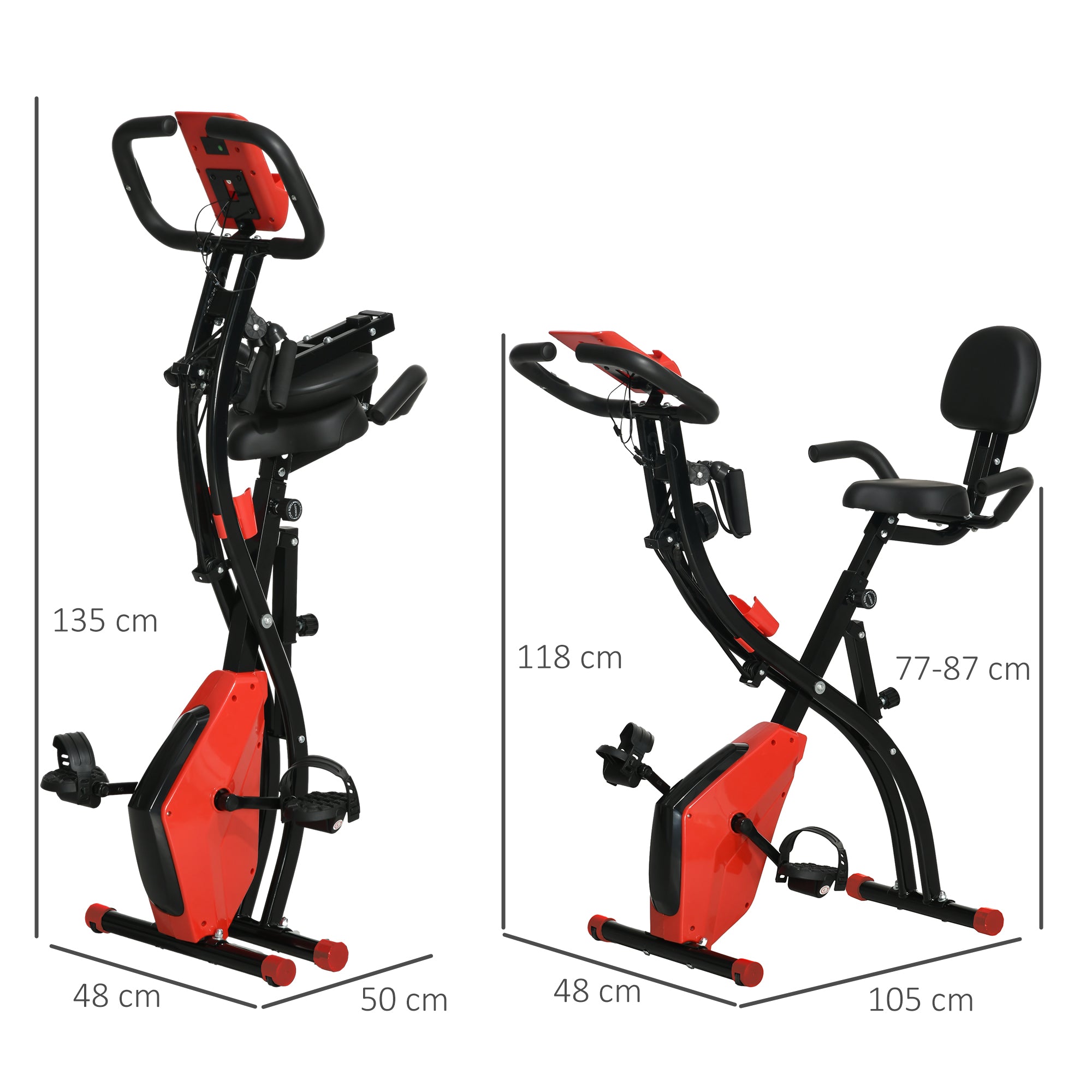 HOMCOM Heimtrainer X-Bike 2-in-1 Fahrradtrainer mit LCD-Display,Pulsmesser, klappbarer Hometrainer Trimmrad mit 8 stufig Magnetwiderstand, 1 Paar Spannseil, Stahl Rot 105x48x118 cm