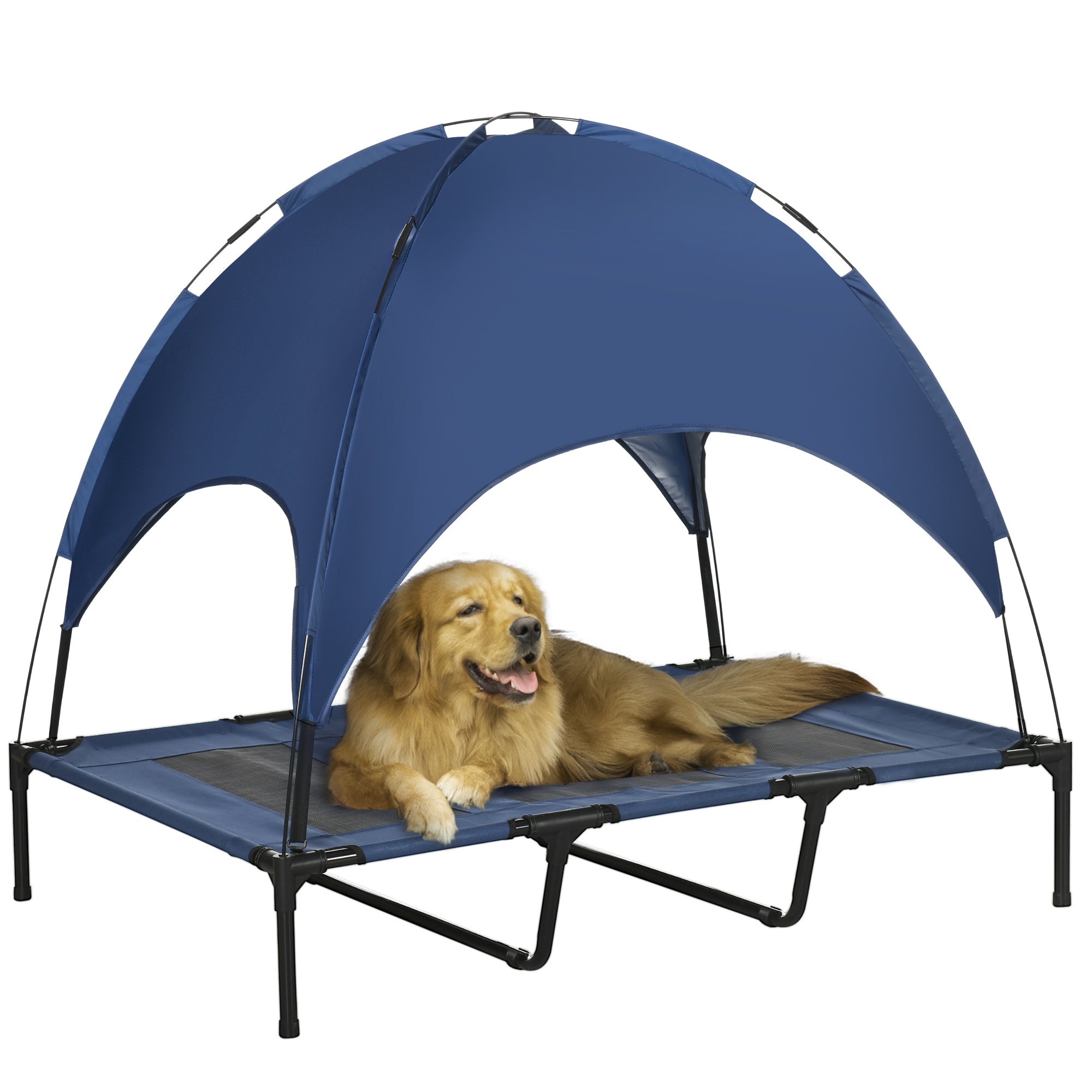 PawHut Outdoor-Hundeschlafplatz Wetterfestes Hundebett, mit Baldachin, klappbar, 122 x 92 x 108 cm, Blau + Schwarz