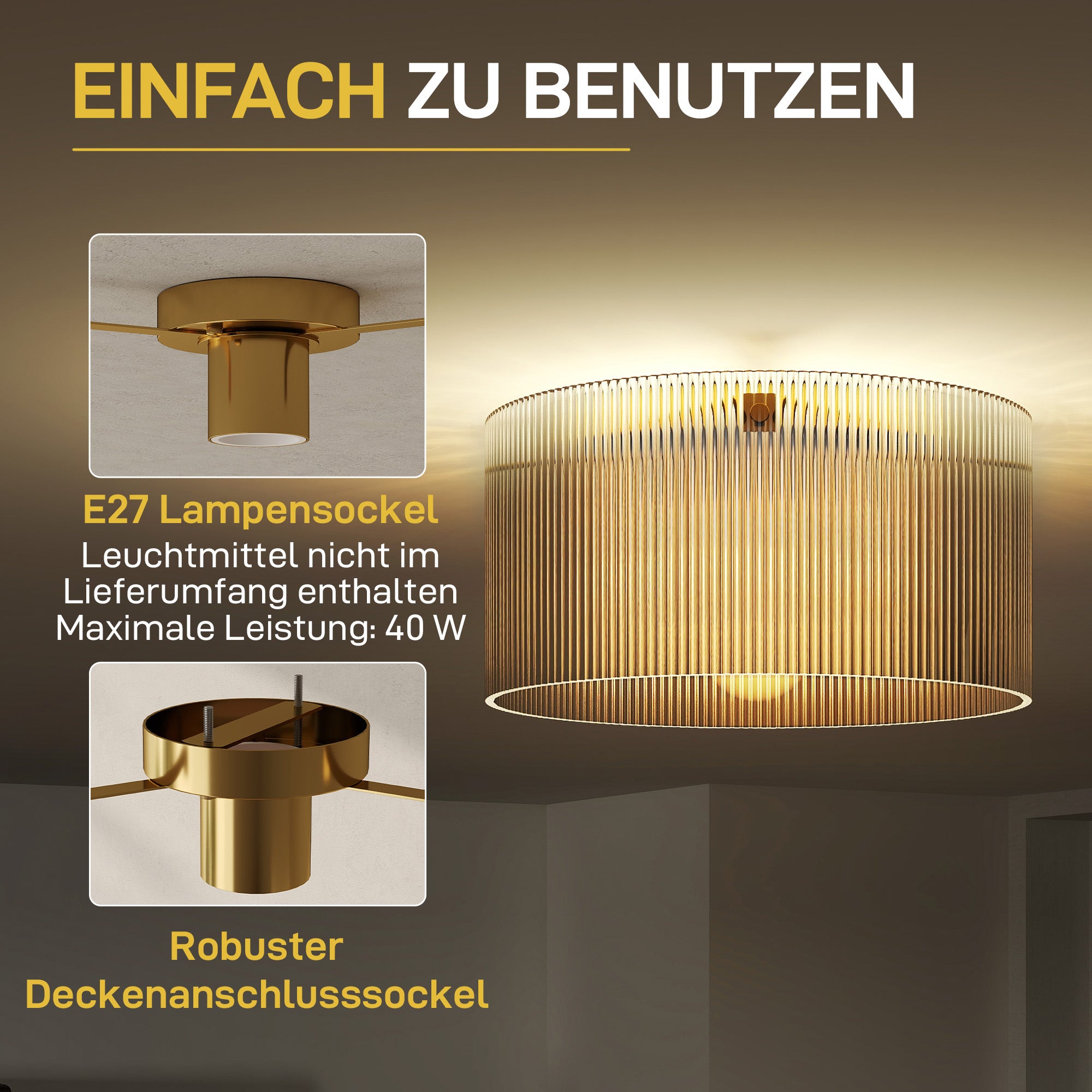 HOMCOM Deckenlampe mit Acryllampenschirm, Metall, Halogen- und LED-kompatibel