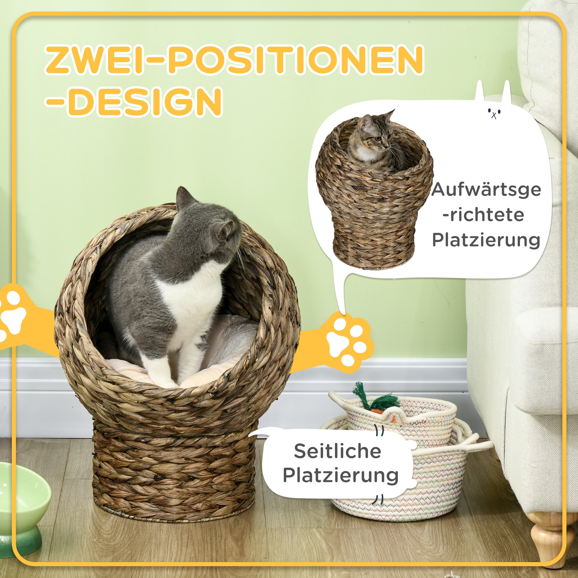 PawHut Rattan Katzenkorb Katzenhöhle Katzenhütte Katzenbett mit Kissen Haustierbett Wasserhyazinthe Kaffee 42 x 33 x 52 cm