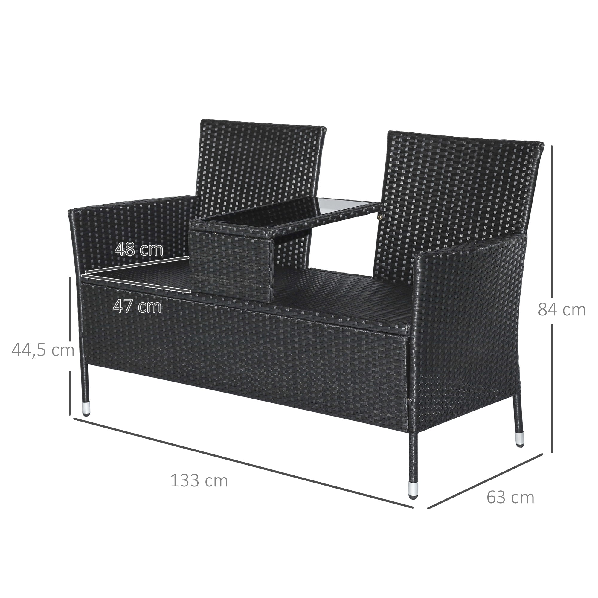 Outsunny Gartenbank Polyrattan 2-Sitzer UV-beständig Sitzbank mit Tisch Kissen Rückenlehne Gartenmöbel Parkbank bis 240kg belastbar Balkonbank für Garten Terrasse Balkon 133x63x84cm, Schwarz