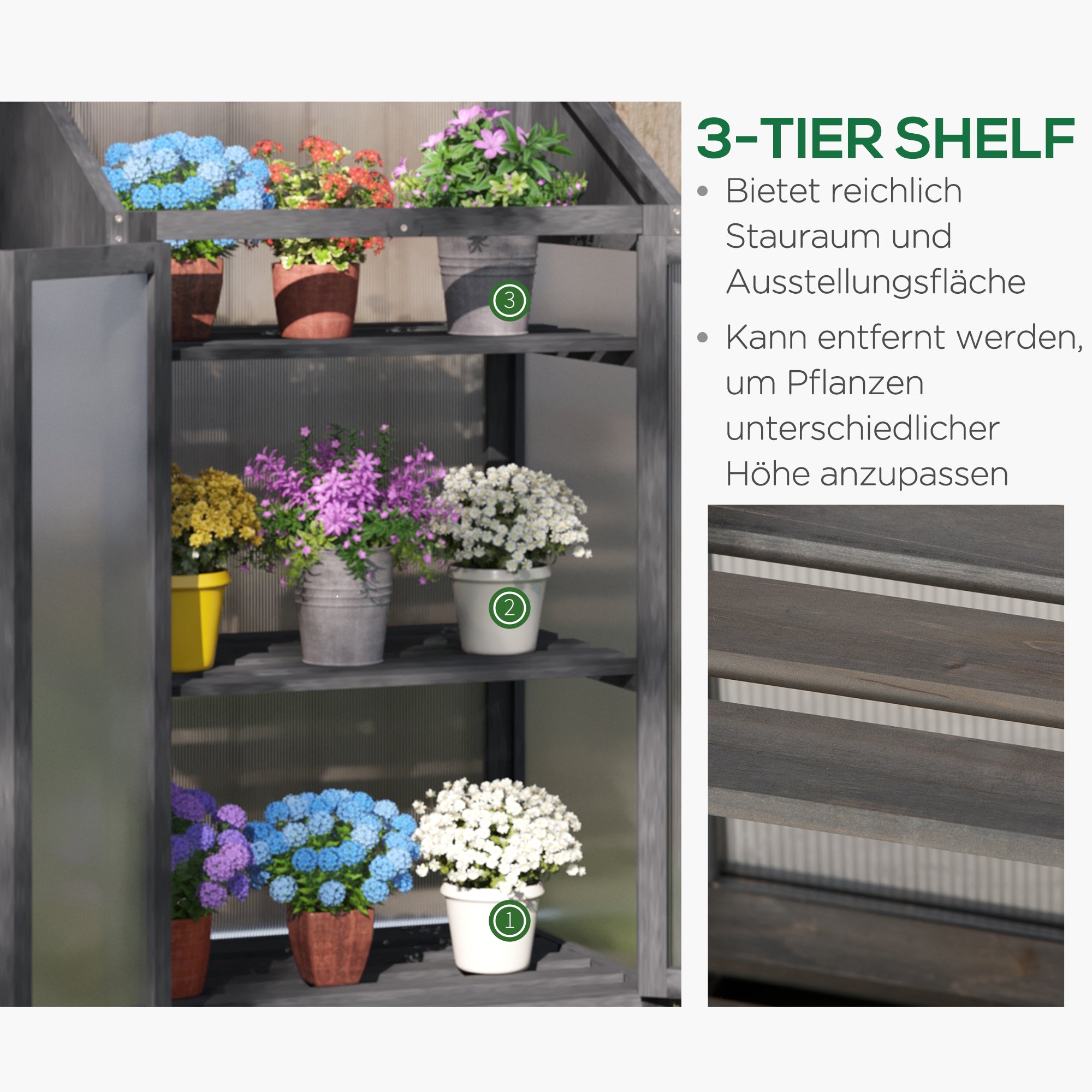 Outsunny Mini-Gewächshaus, kleines Treibhaus mit Holzrahmen, Fenster und Doppeltür, 3 Regale, 70L x 50B x 120H cm, Grau