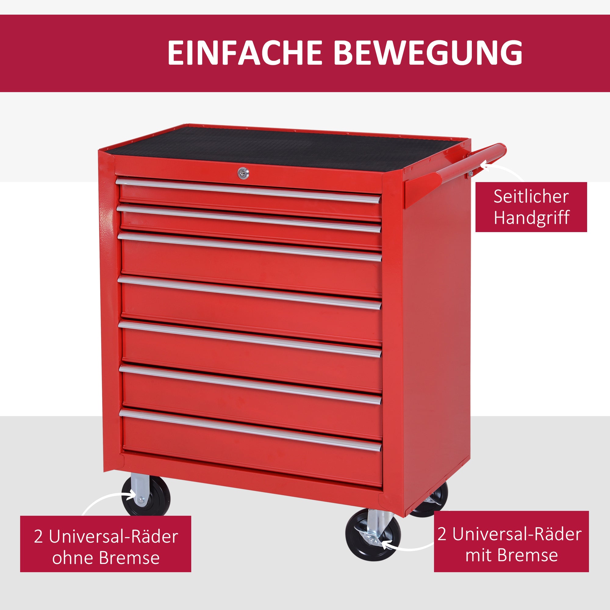DURHAND Werkzeugwagen, 2 kleine & 5 große Schubladen, Stahl, bis 150 kg, 69 x 33 x 75 cm, Rot