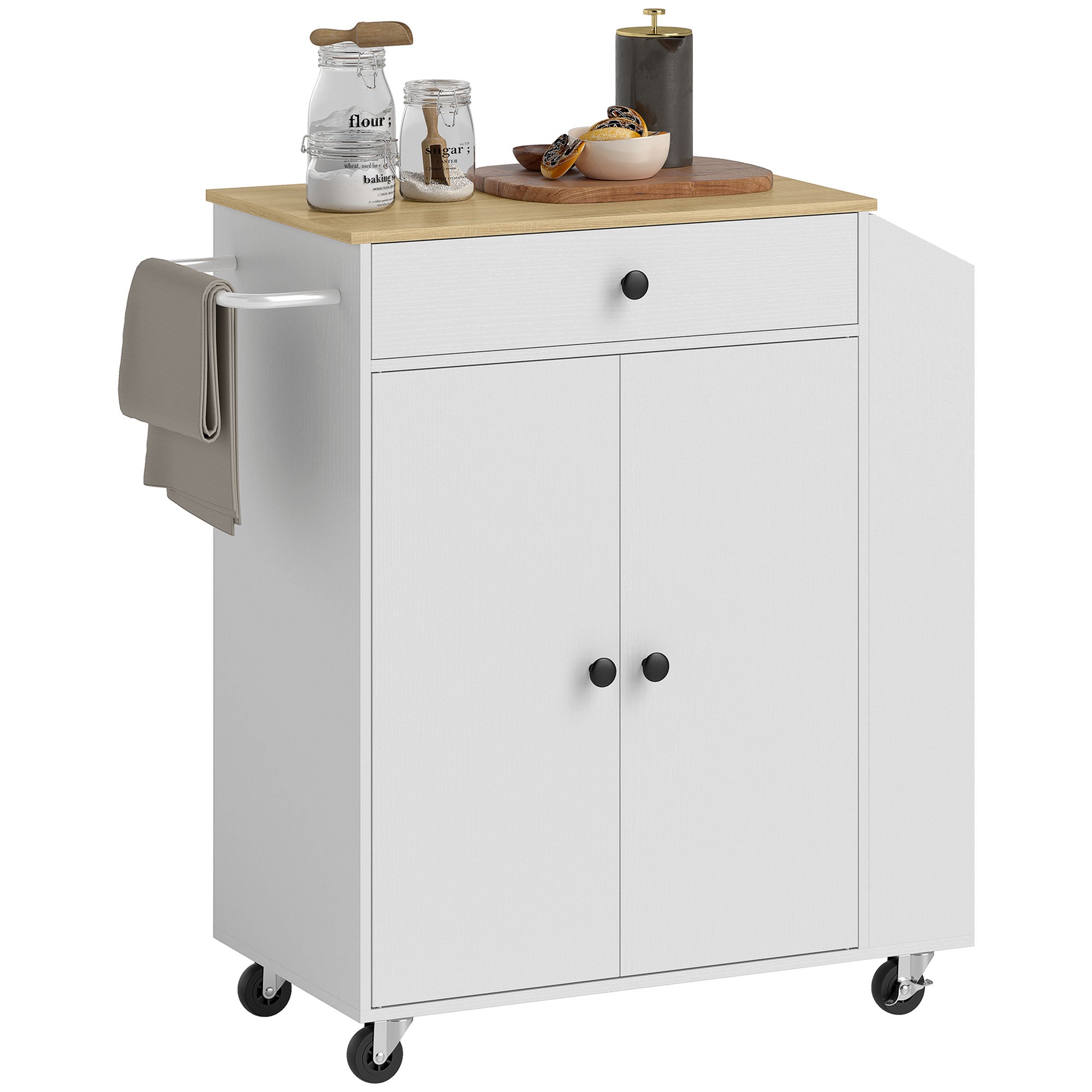 HOMCOM Küchenwagen mit Schublade, Schrankfach, Gewürzregal, Handtuchstange, 82 x 38 x 86,5 cm, Weiß/Eiche