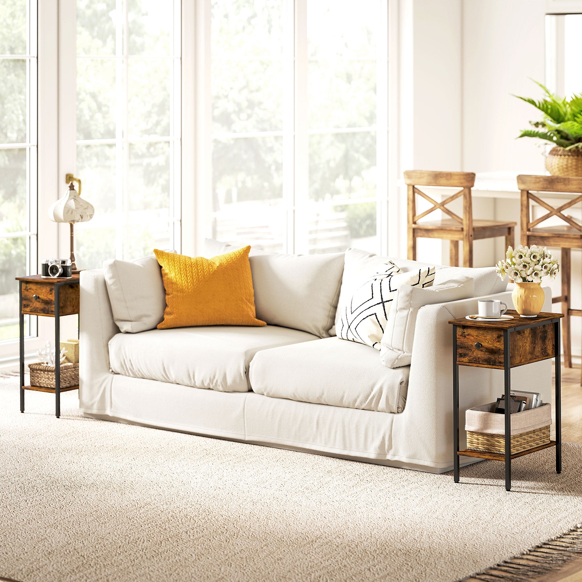 HOMCOM Beistelltisch mit offenem Fach und Schublade, Nachttisch, Metallbeine, Holz, Braun