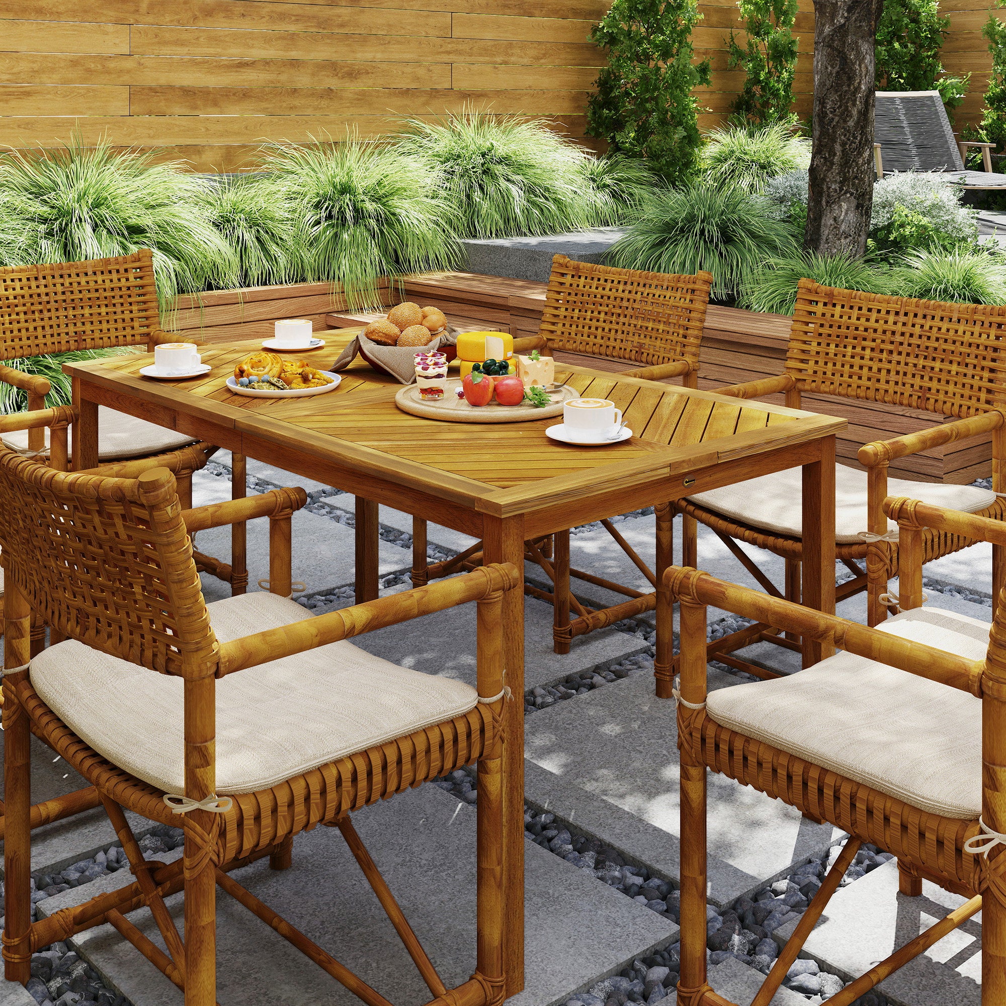 Outsunny Gartentisch 150x85cm, Wetterfest Balkontisch aus Holz, 6 Personen mit Schirmloch, Lamellendesign Naturholz