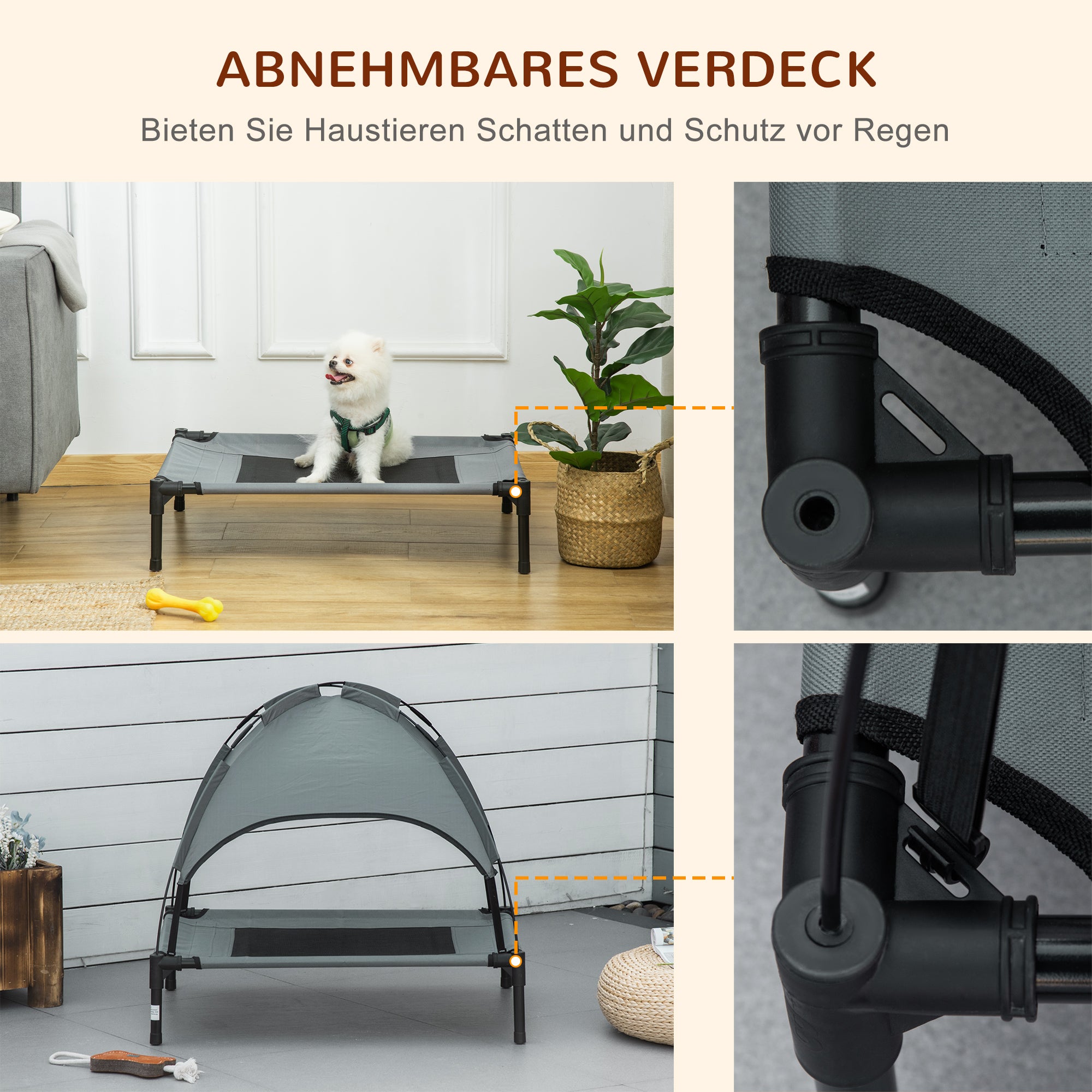 PawHut Erhöhtes Hundebett mit Baldachin, Haustierbett, Hundeliege outdoor mit Dach, Atmungsaktiv, Taftstoff für Camping Grau 76 x 61 x 73 cm