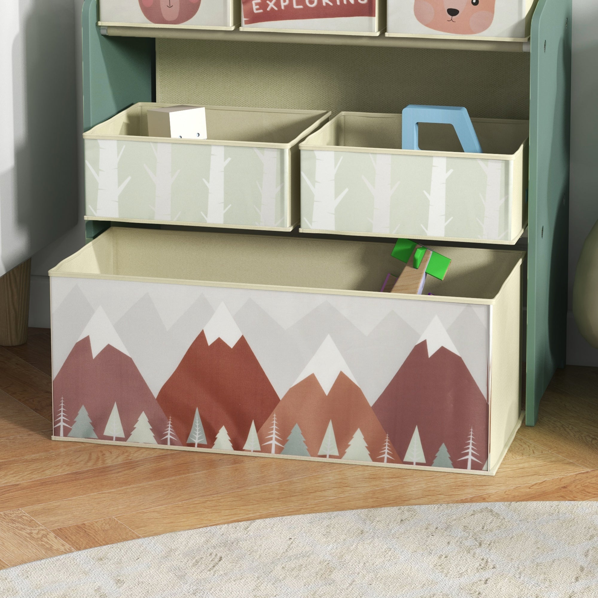 ZONEKIZ Kinderschrank mit 6 Stoffboxen, niedliches Motiv, 63x30x66 cm, Grün