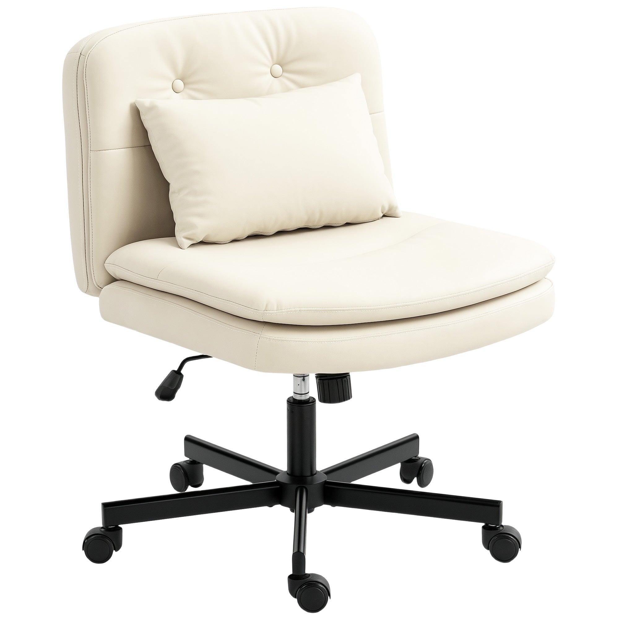 HOMCOM Armloser Bürostuhl mit Kunstleder-Bezug, Schreibtischstuhl mit Rollen, Extra-Kissen, höhenverstellbar, rollbar, Beige