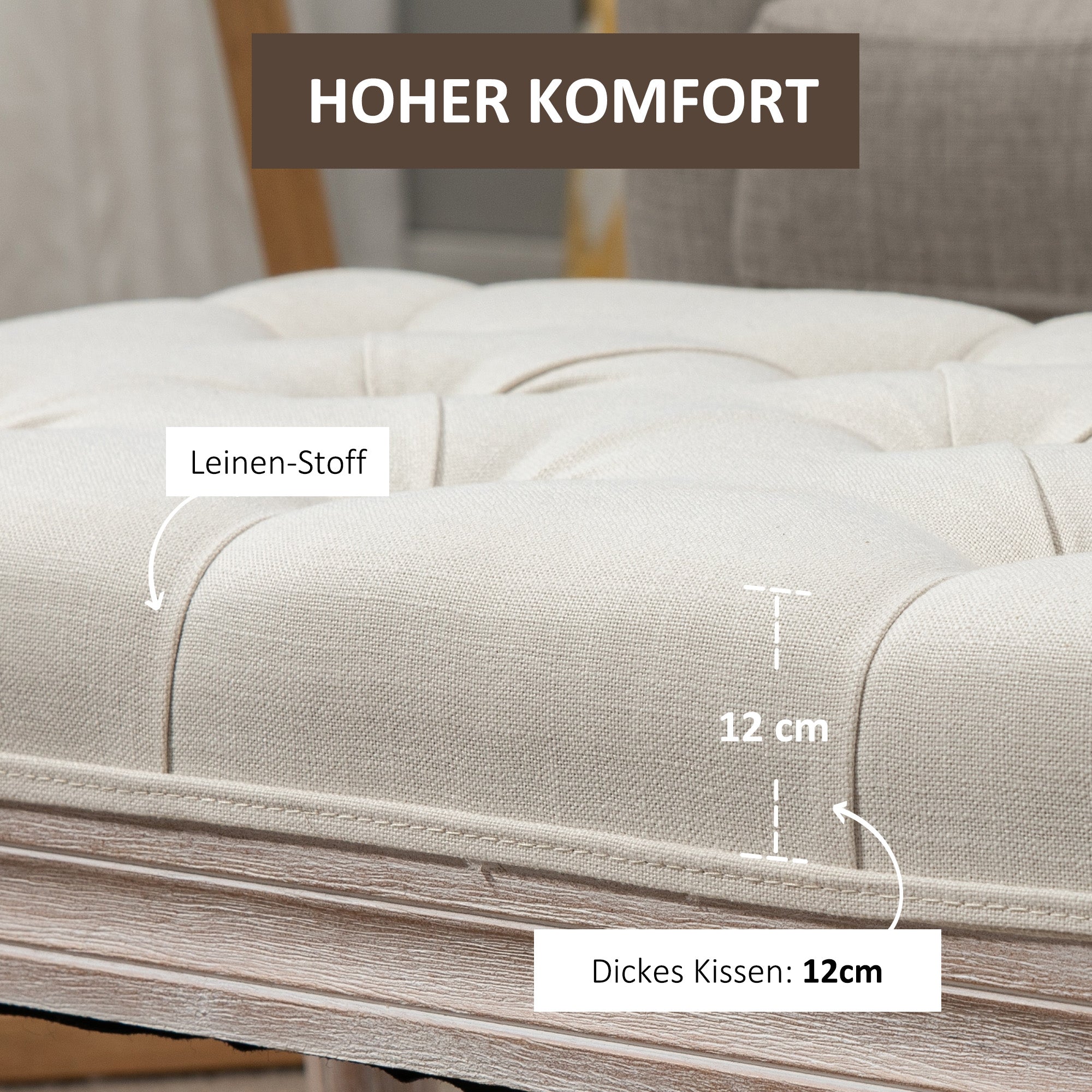 HOMCOM Gepolsterter Sitzhocker, Polsterbank, Fußhocker, Holz und Stoffbezug in Leinenoptik, 80L x 40B x 43H cm, Cremeweiß