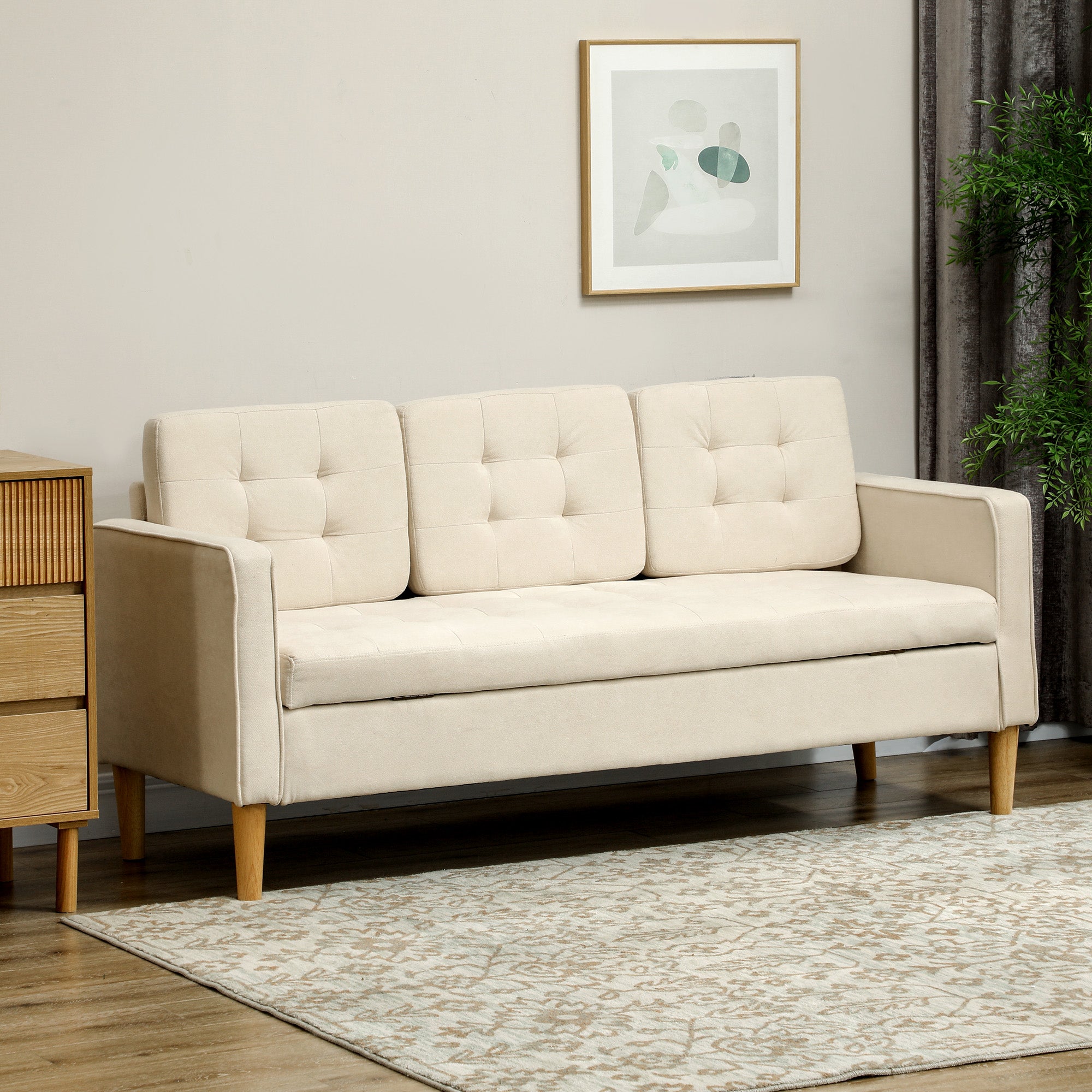 HOMCOM 3-Sitzer Sofa mit Stauraum, Knopfheftung, Polstercouch, 166,5 x 62 x 82 cm, Cremeweiß