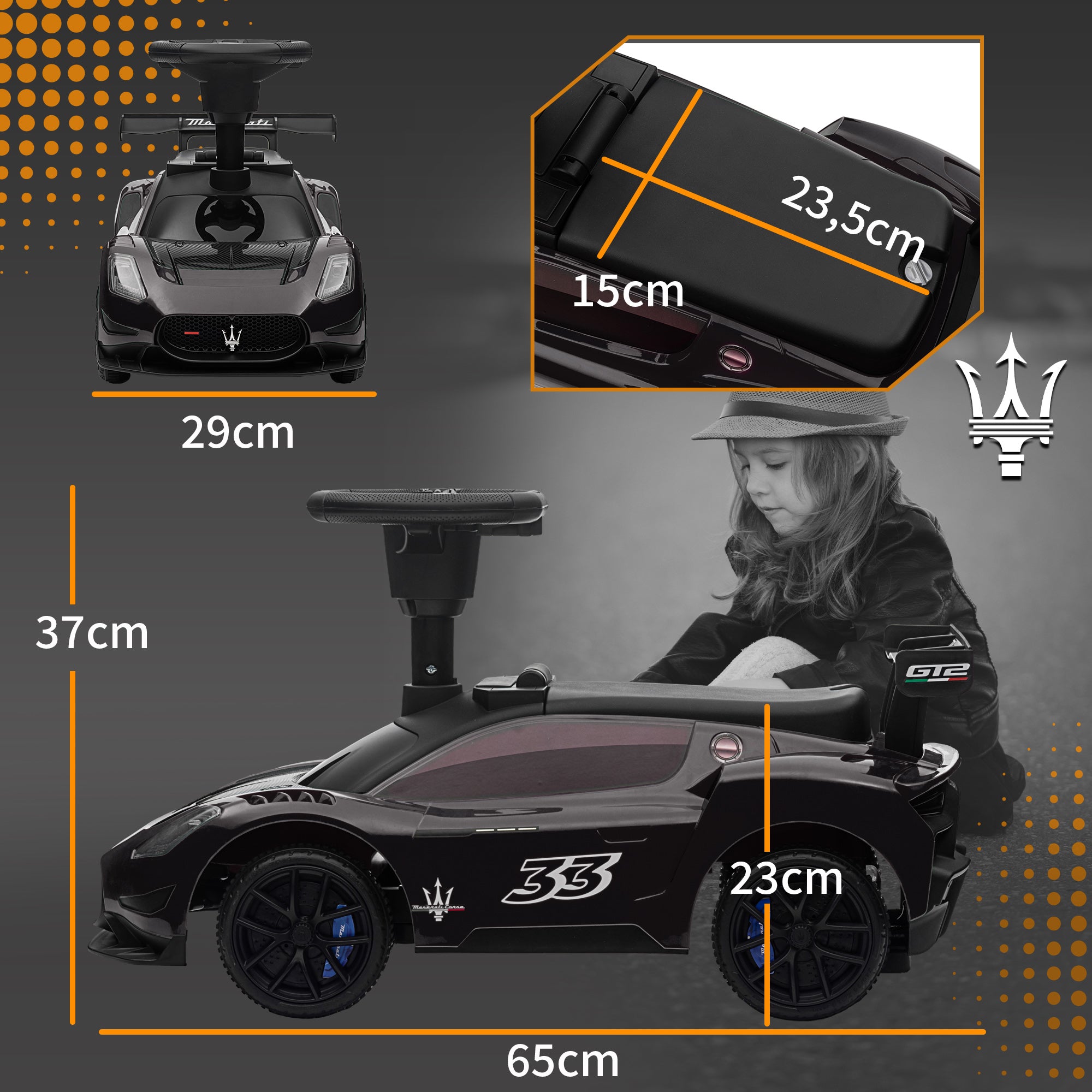 AIYAPLAY Rutschauto, Maserati, Stauraum, Hupe & Musik, Flüsterreifen, für 1,5 bis 5 Jahre, bis 25 kg, Schwarz