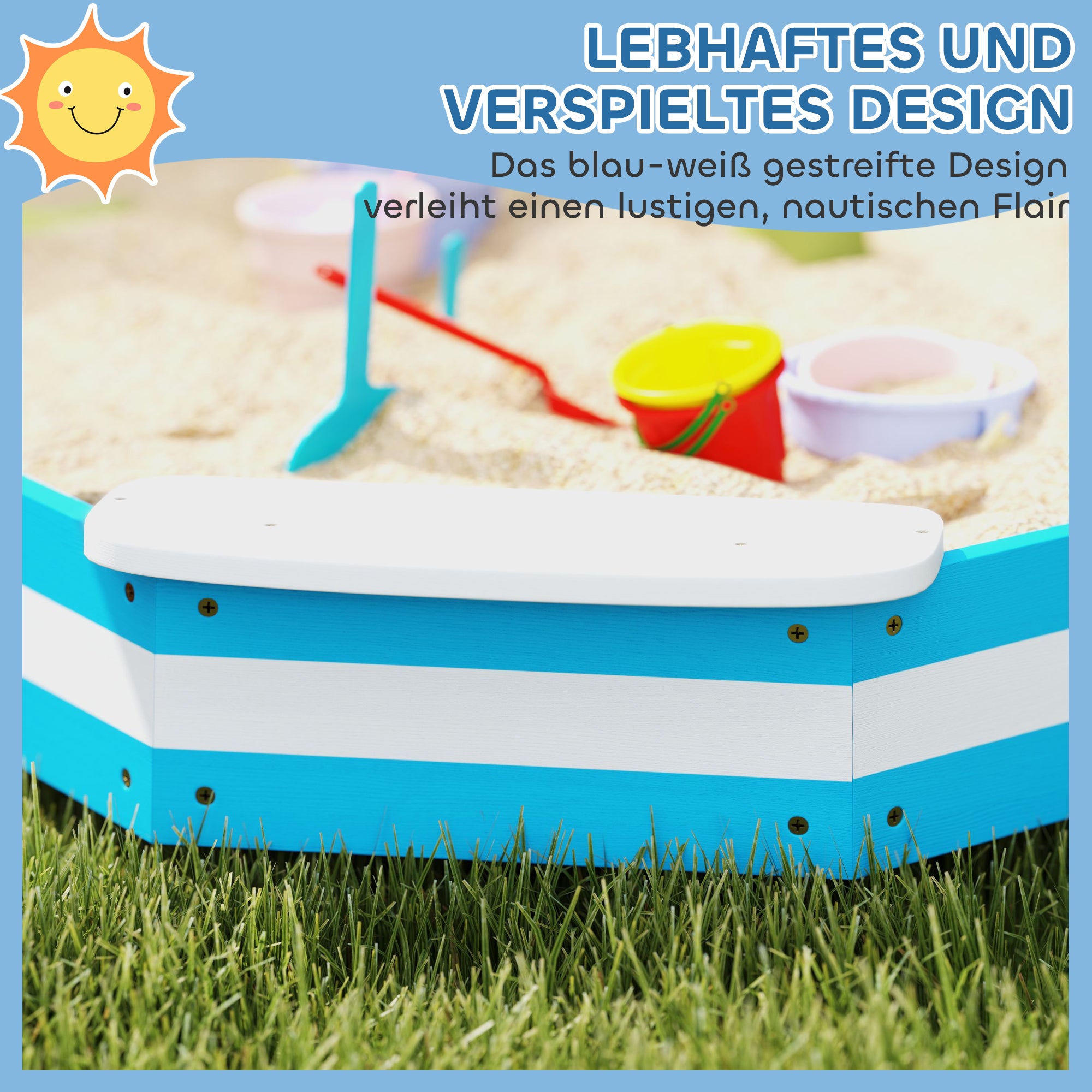 AIYAPLAY Sandkasten für Kinder, Sandkiste mit 4 Sitzen, Fichtenholz, bodenlos, Blau