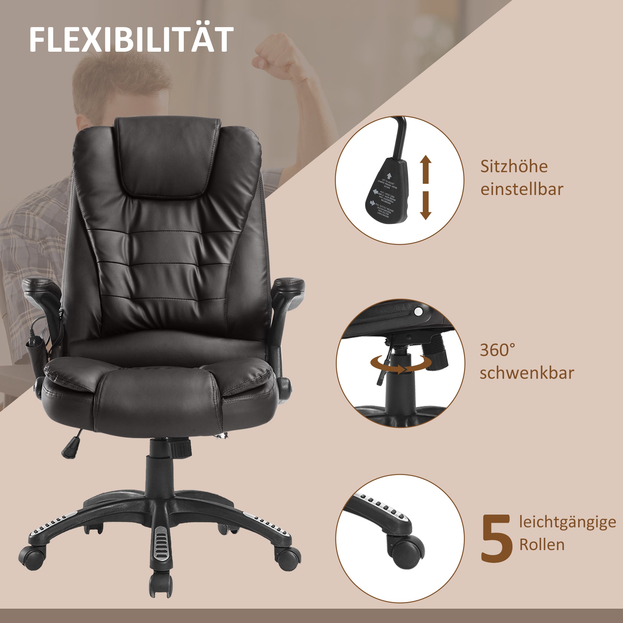 HOMCOM Massagesessel Bürosessel Bürostuhl Chefsessel Gamingsessel 6 Punkt Vibrations Massage mit Wärmefunktion Kunstleder Ledersessel drehbar (Braun)