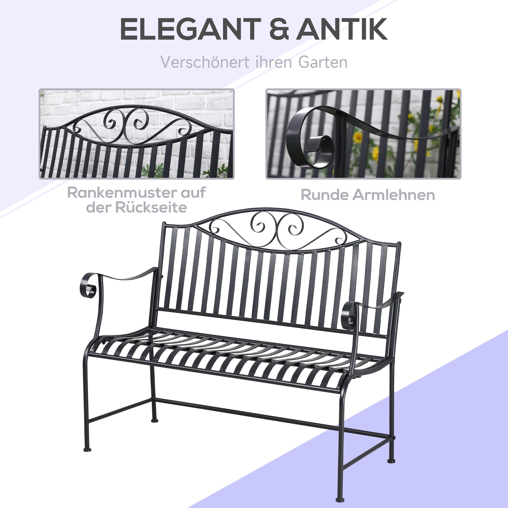 Outsunny Gartenbank Sitzbank Parkbank 2-Sitzer Metallbank Stahlrahmen mit Armlehne für Garten Balkon und Terrasse bis 220 kg belastbar Grau 115,5 x 54 x 96 cm