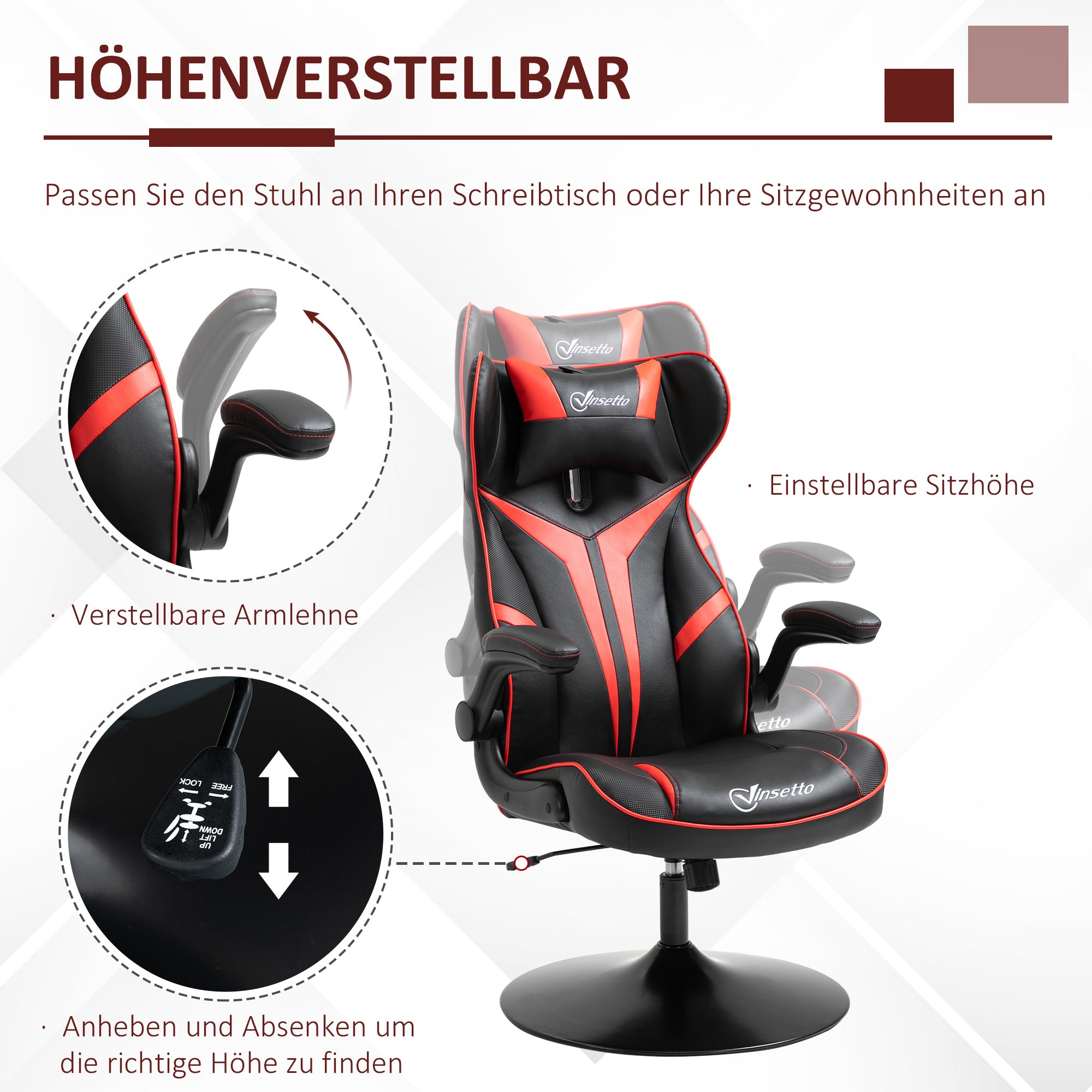 Vinsetto Gaming Stuhl ergonomischer Computerstuhl mit Wippfunktion Drehstuhl höhenverstellbar Stahl Schwarz+Rot 67 x 70 x 106-112 cm