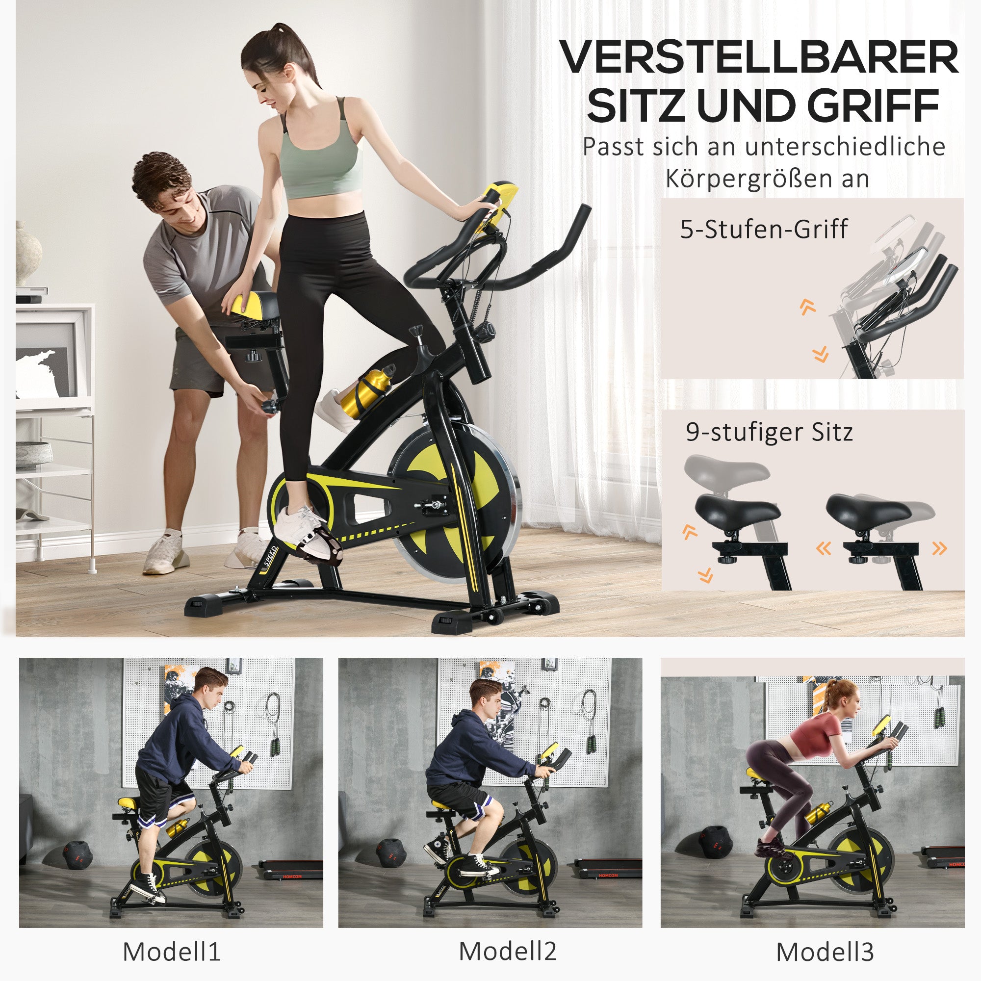 SPORTNOW Heimtrainer, leise, anpassbarer Widerstand, Pulssensor, Monitor, Gelb