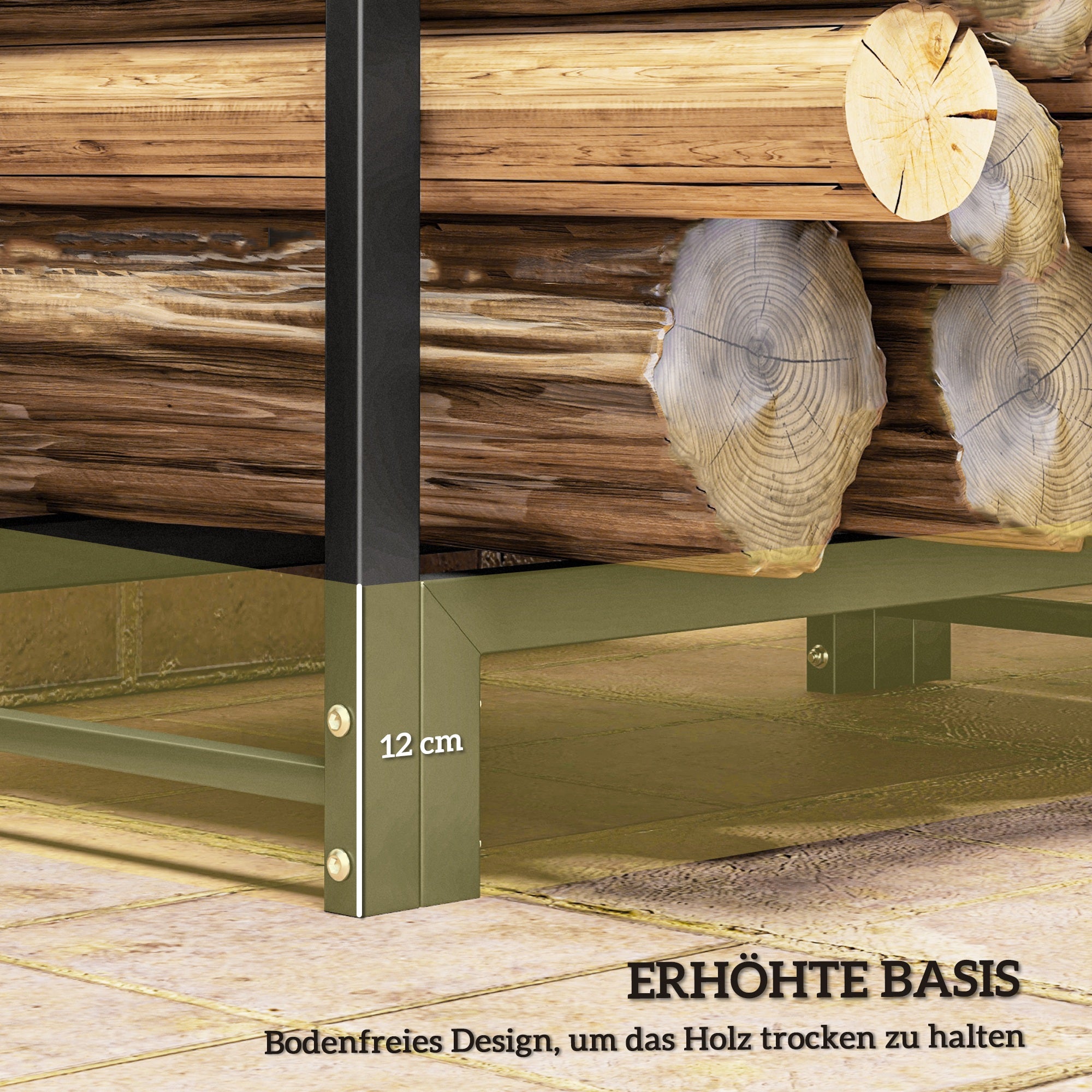 Outsunny Feuerholzgestell, zwei Abschnitte, rostfreier Stahlrahmen, bis 300 kg, 240 x 32 x 115 cm, Schwarz