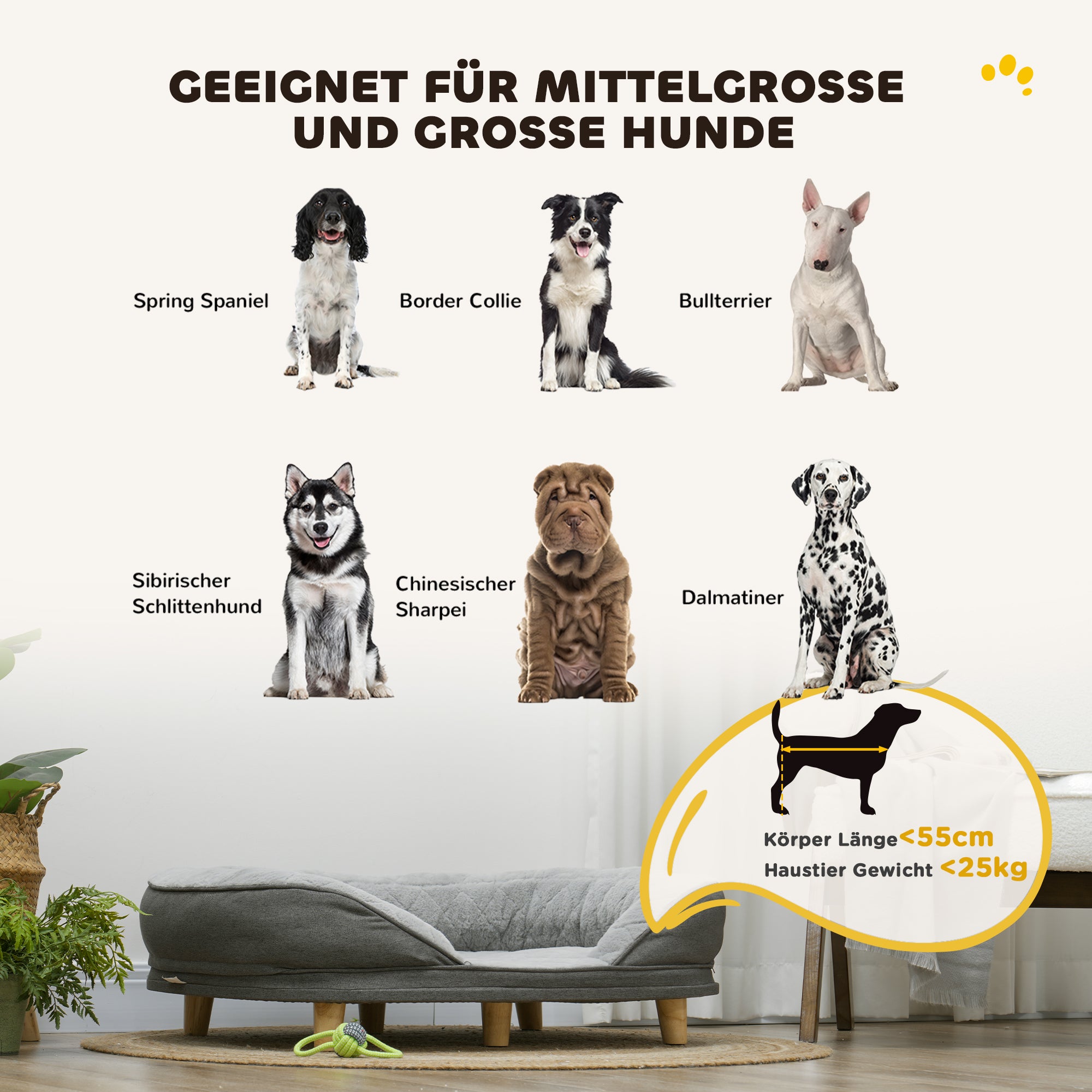 PawHut Hundebett für Hunde bis 25 kg, abnehmbarer Bezug, rutschfeste Füße, 90 x 78 x 25 cm, Grau