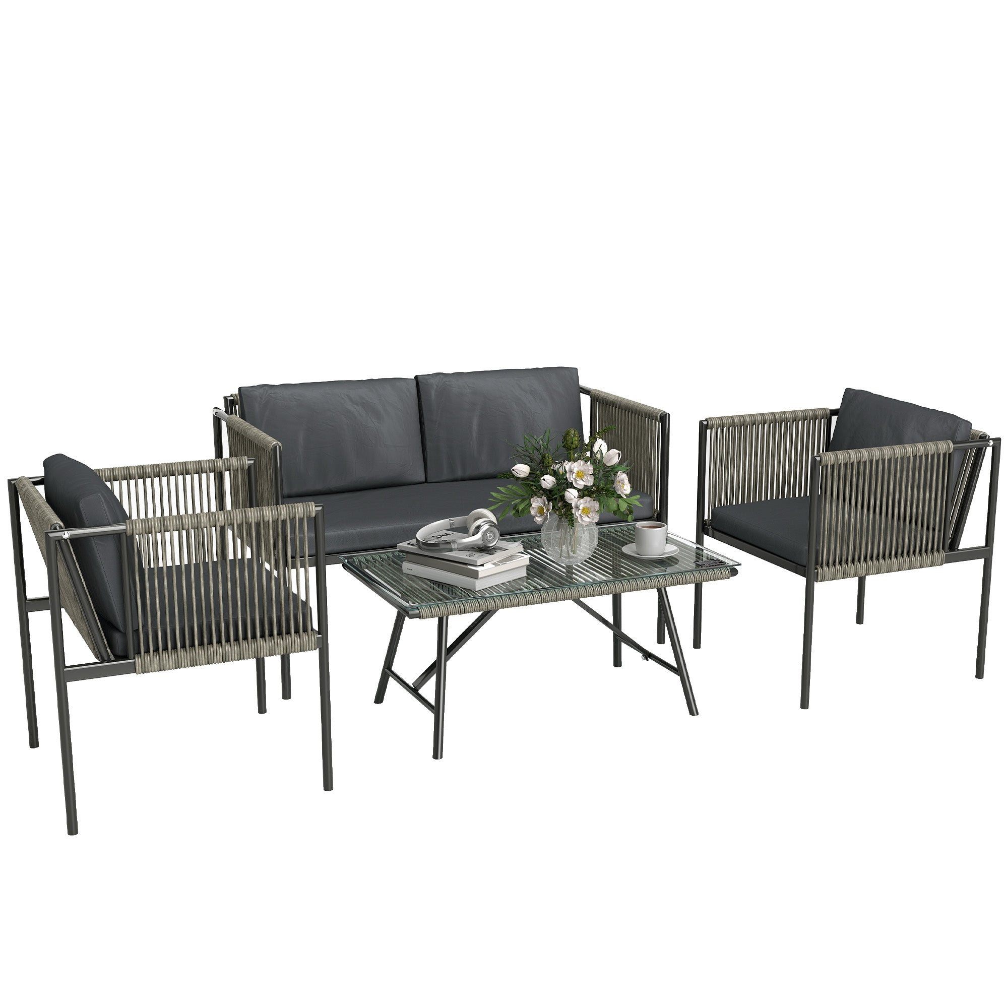 Outsunny 4-teiliges Gartenmöbel-Set, 1 Sofa, 2 Sessel, 1 Tisch mit Glasplatte, Kissen, Stahlrahmen, Kunststoff-Rattan, Grau