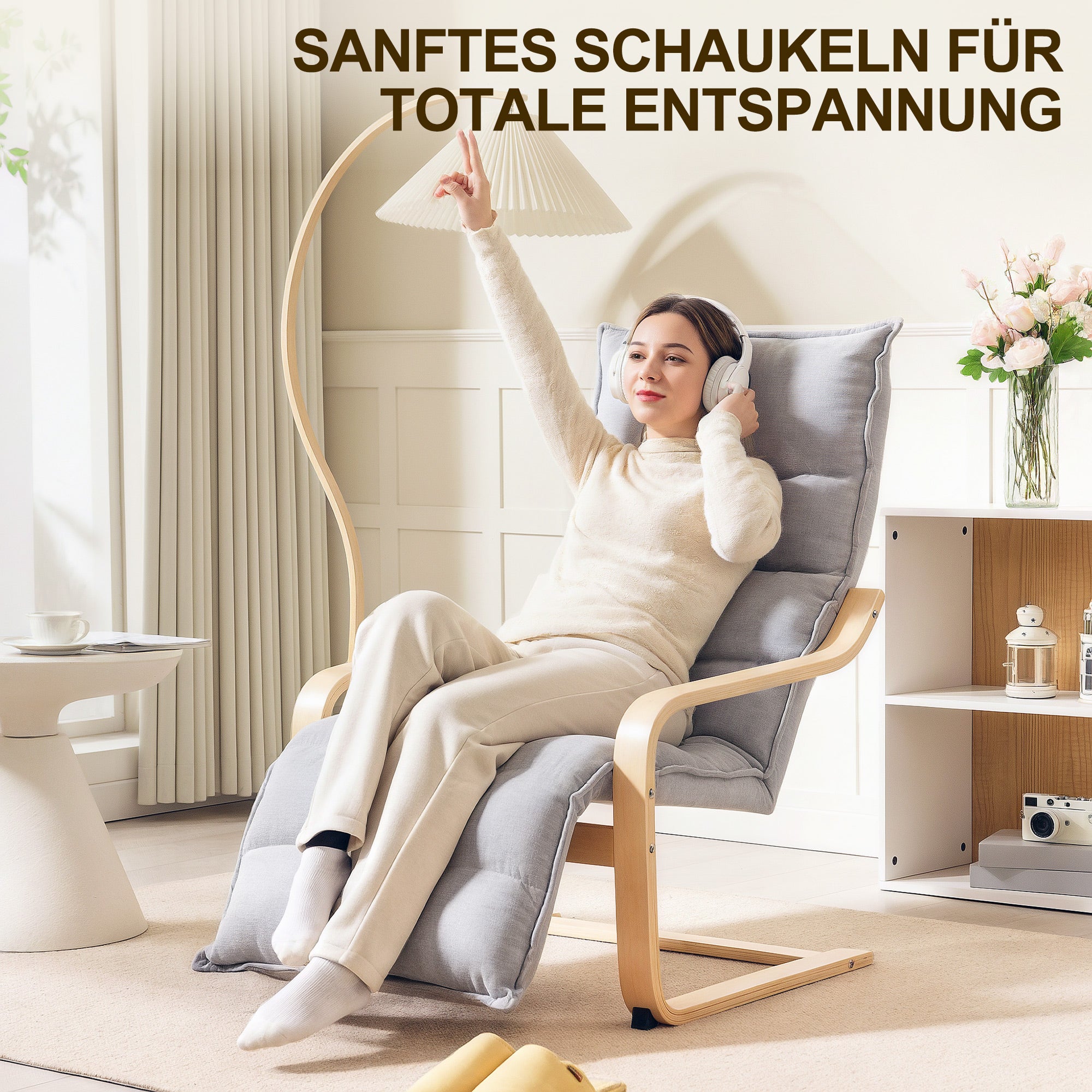 HOMCOM Lounge-Sessel aus Birkenholz, Polstersessel mit verstellbarer Fußstütze, Moderner Armlehnstuhl, Hellgrau