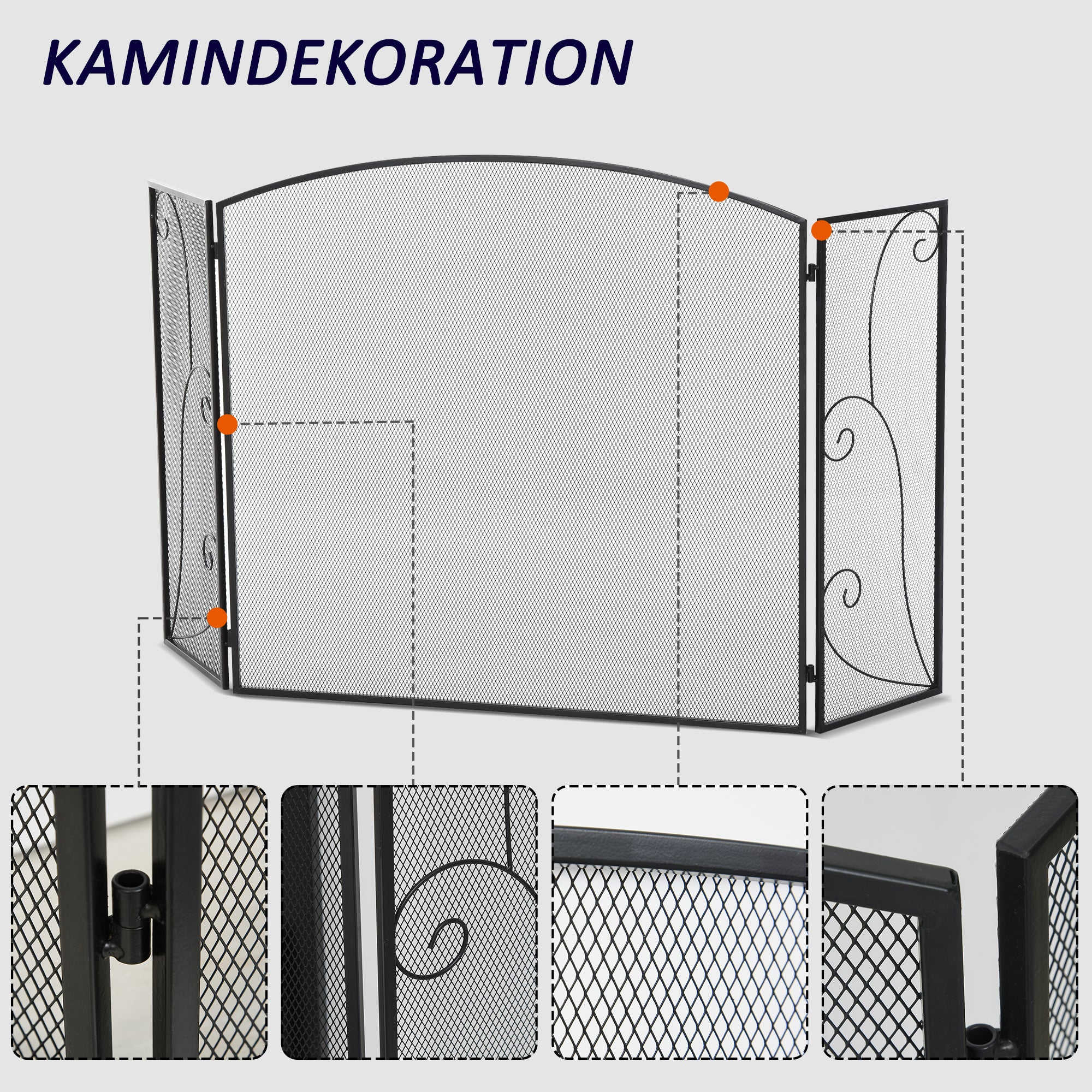HOMCOM Funkenschutz für Kamine, 3 Paneele, klappbar, flexibel, Metall, schwarz, 132,5 x 76,5cm