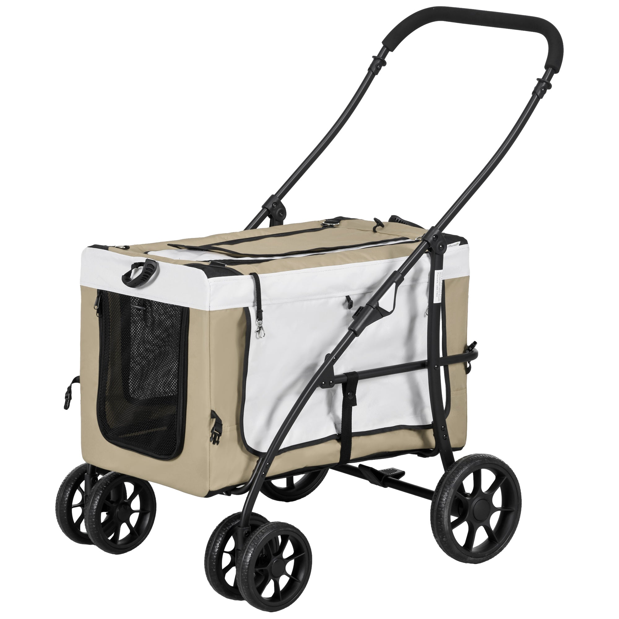 PawHut Hundbuggy Haustierbuggy Hundewagen, klappbar, abnehmbarer Korb, 81 x 58 x 97,5 cm, Schwarz+Khaki+Weiß