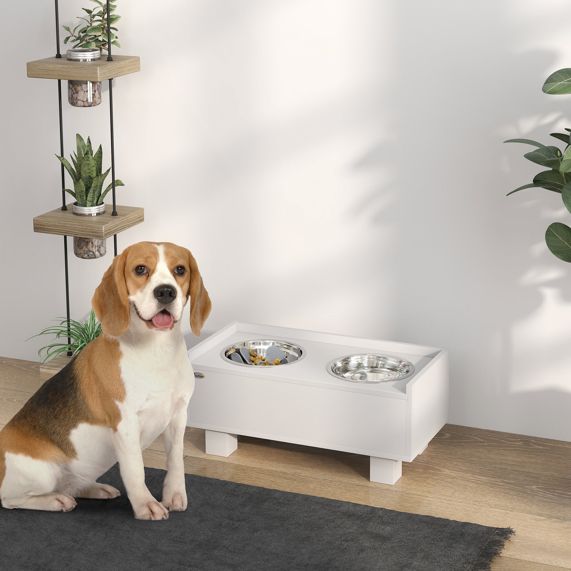 PawHut Erhöhte Fütterungsstation für Hunde, mit abnehmbarer Slow-Feeder-Matte, 2 Aluminiumschüsseln, Stauraum, Weiß