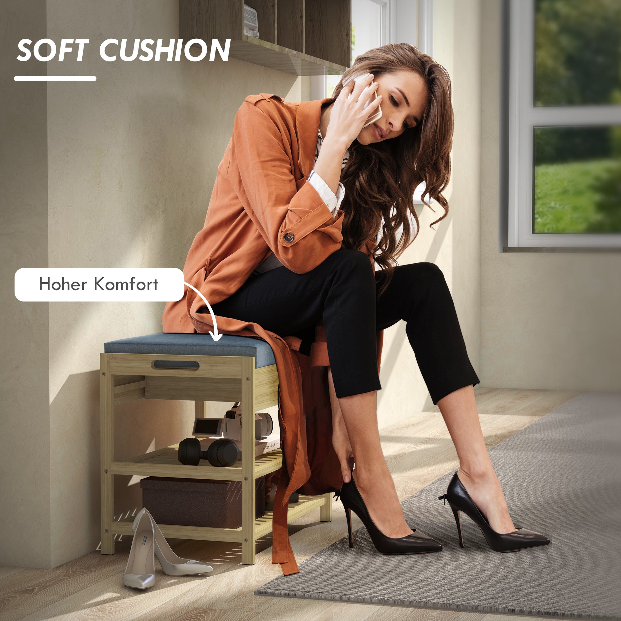 HOMCOM Schubank Schuhregal, 2 Ablagen, Sitzpolster, Bambus, 55 cm x 35 cm x 46 cm, Grau + Natur