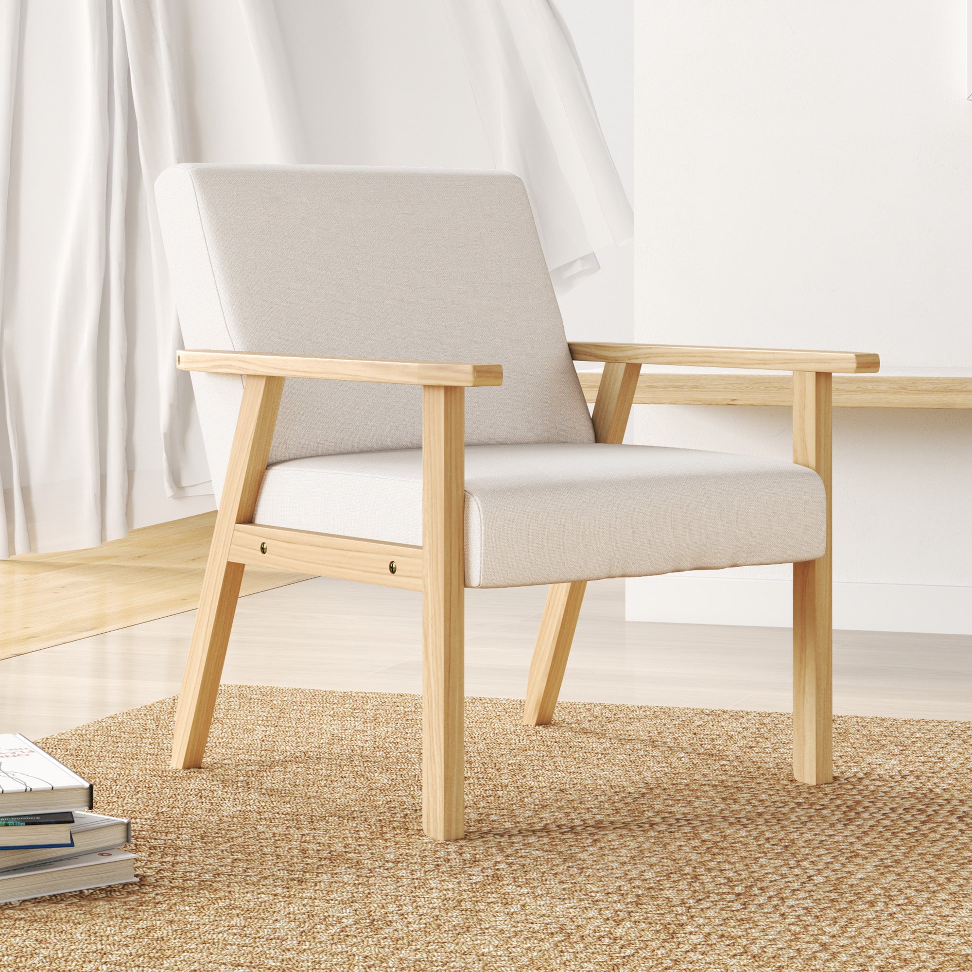 HOMCOM Polstersessel mit Armlehnen, Esszimmerstuhl in Leinenoptik, Massivholzrahmen, 64 x 70 x 72 cm, Creme