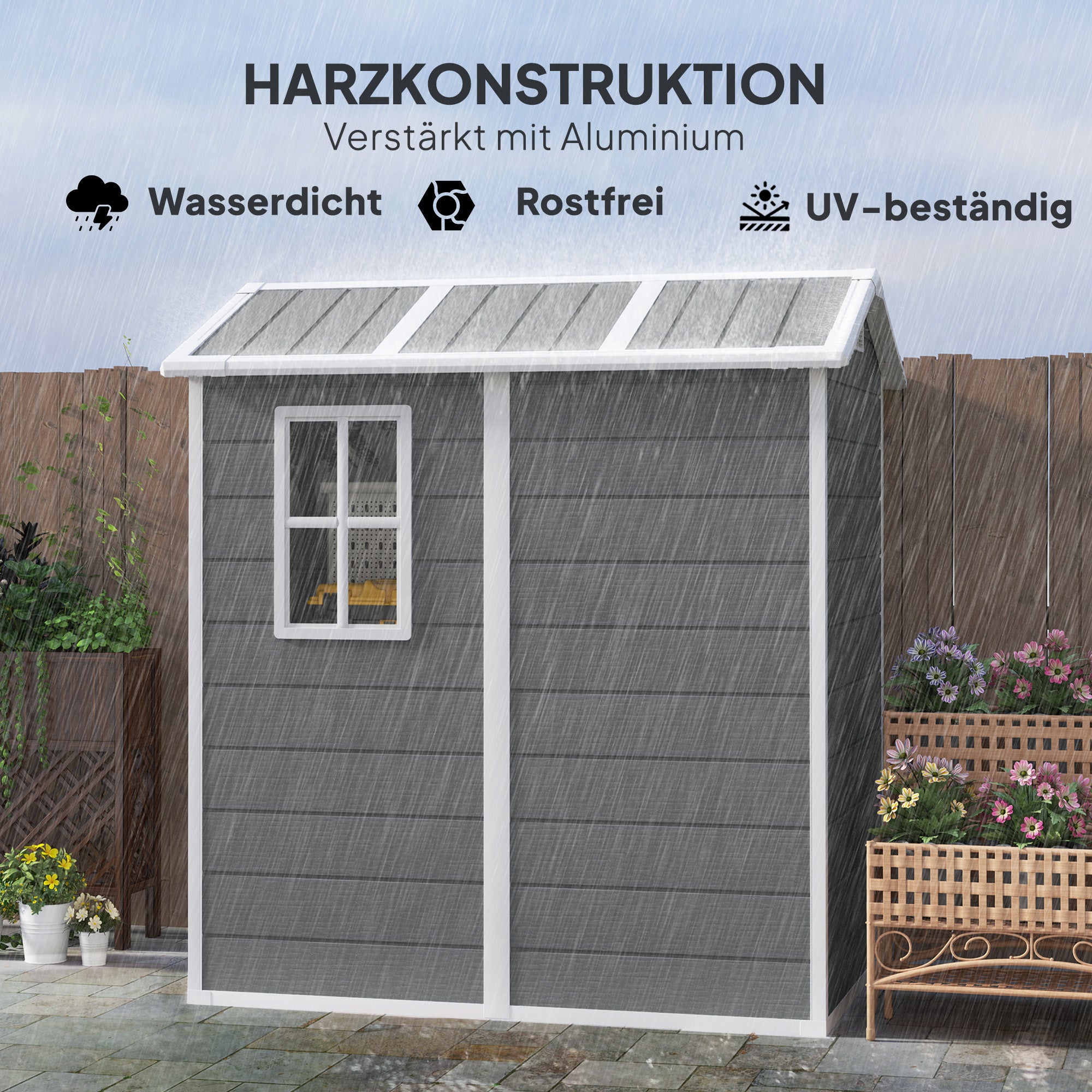 Outsunny Gartenschuppen, Kunststoff-Gartenhaus mit Boden, Fenster, verschließbare Türen, für Garten, 131B x 186T x 198H cm, Grau