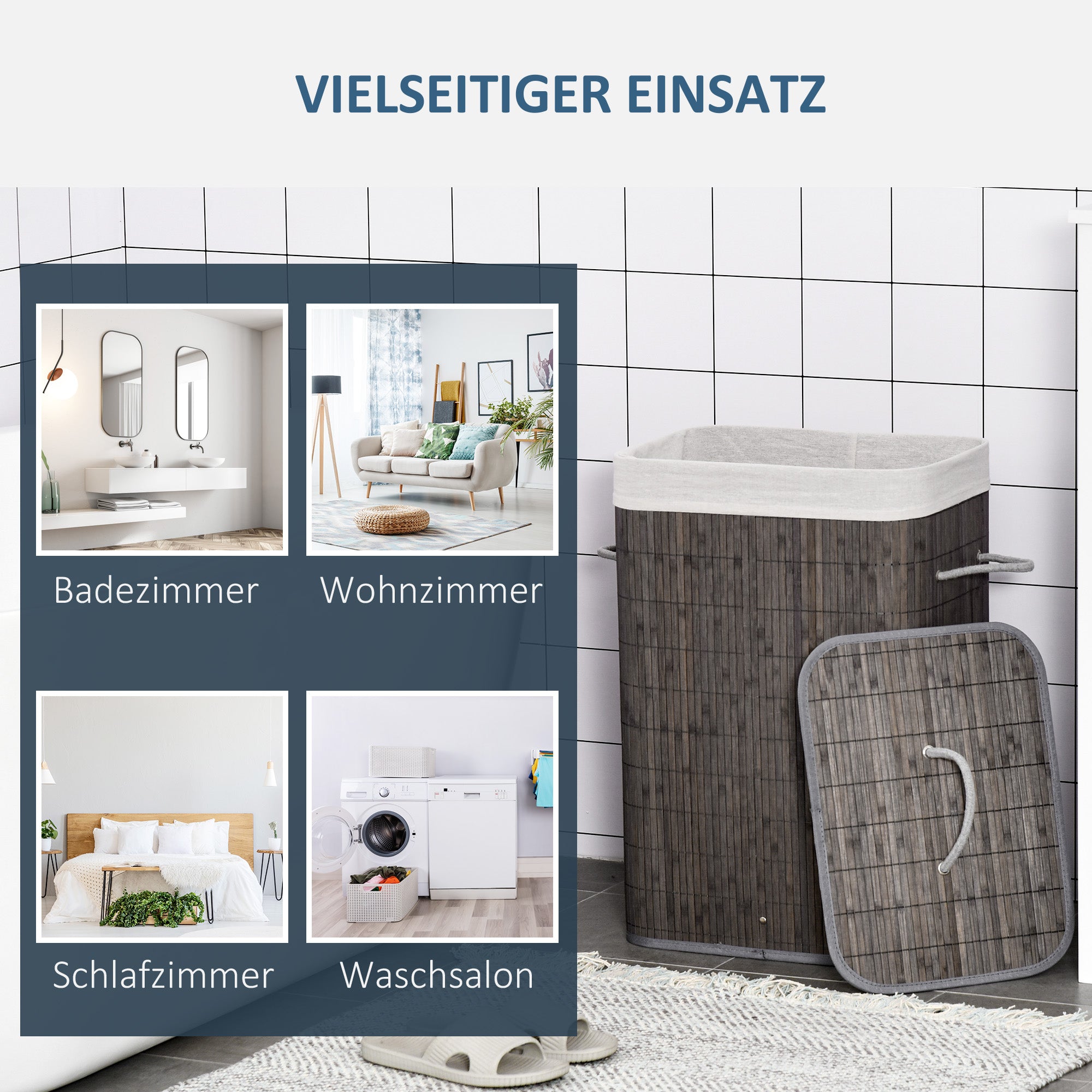 HOMCOM Wäschekorb mit Griffen und waschbarem Wäschesack, Rattan, Polyester, Baumwolle, Metall, 43L x 32B x 61H cm, Grau